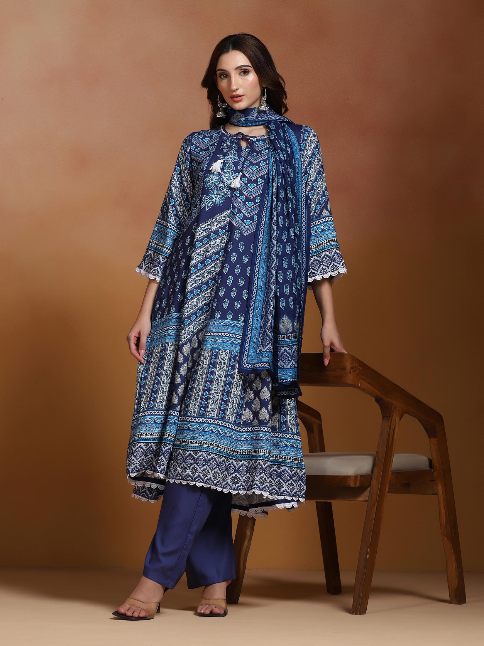 Women Liva Blue Printed Kurta Comfort Pant Dupatta.