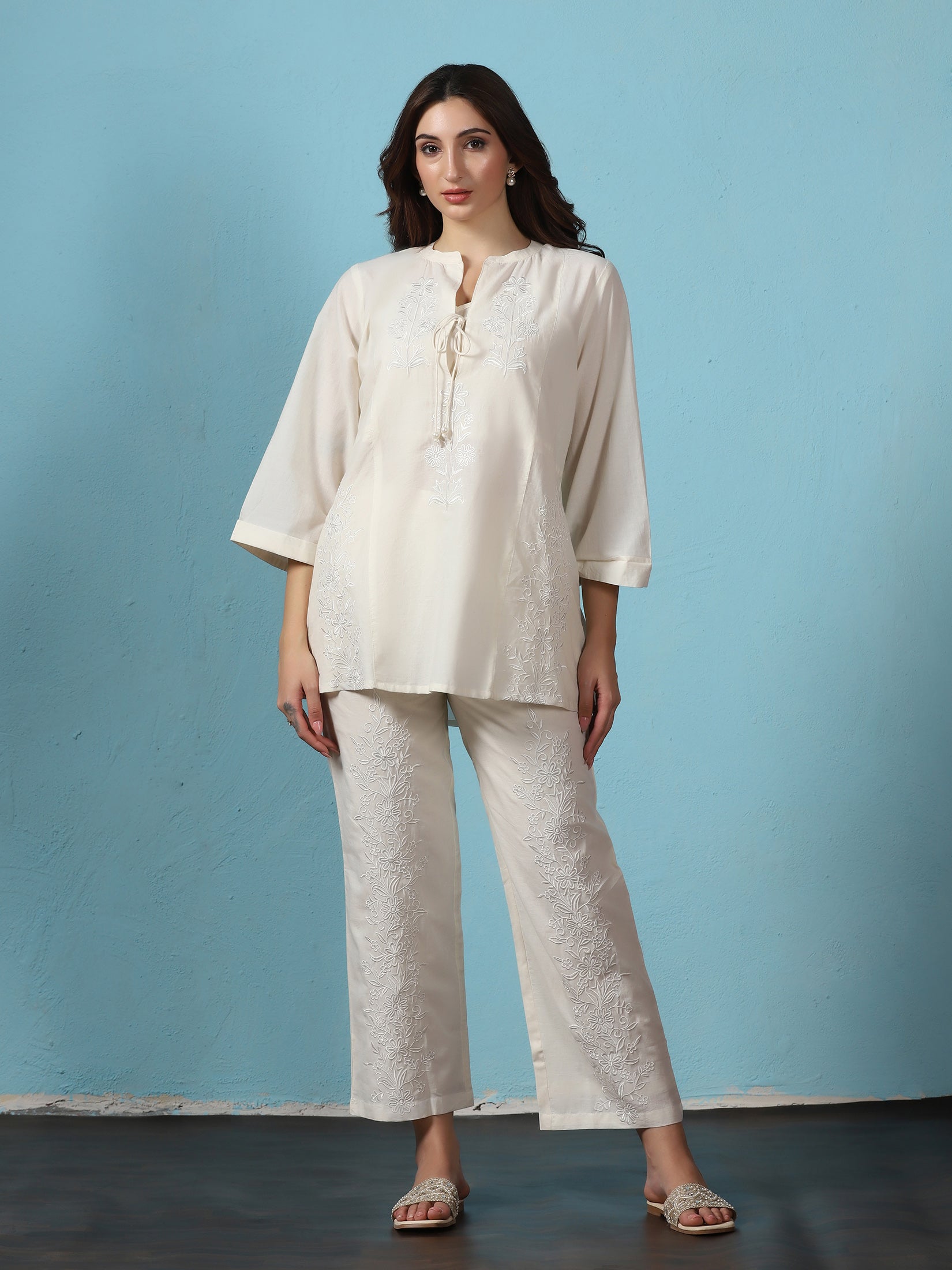 Women Off White Cotton Embroidered Co-Ord Set