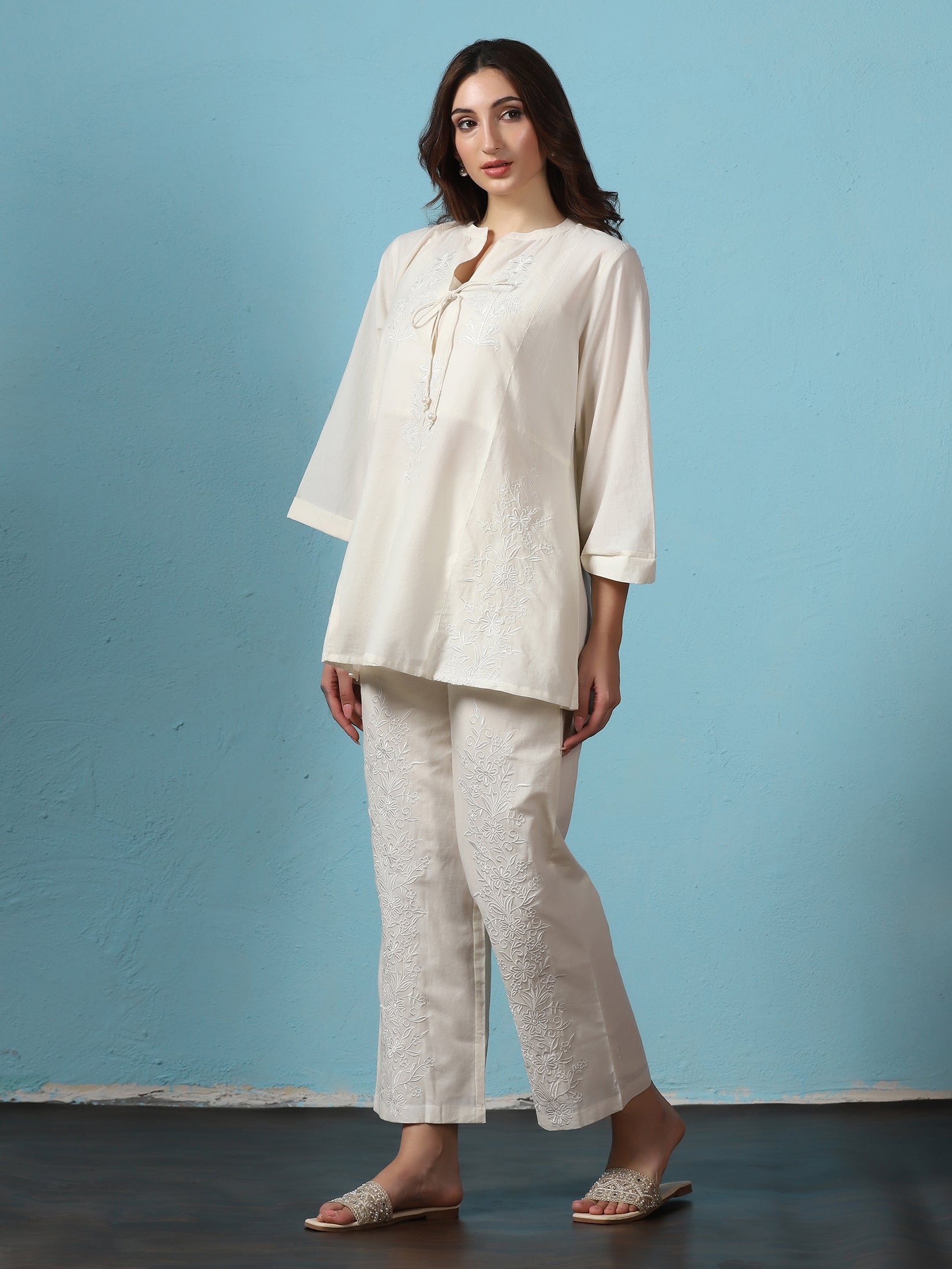 Women Off White Cotton Embroidered Co-Ord Set