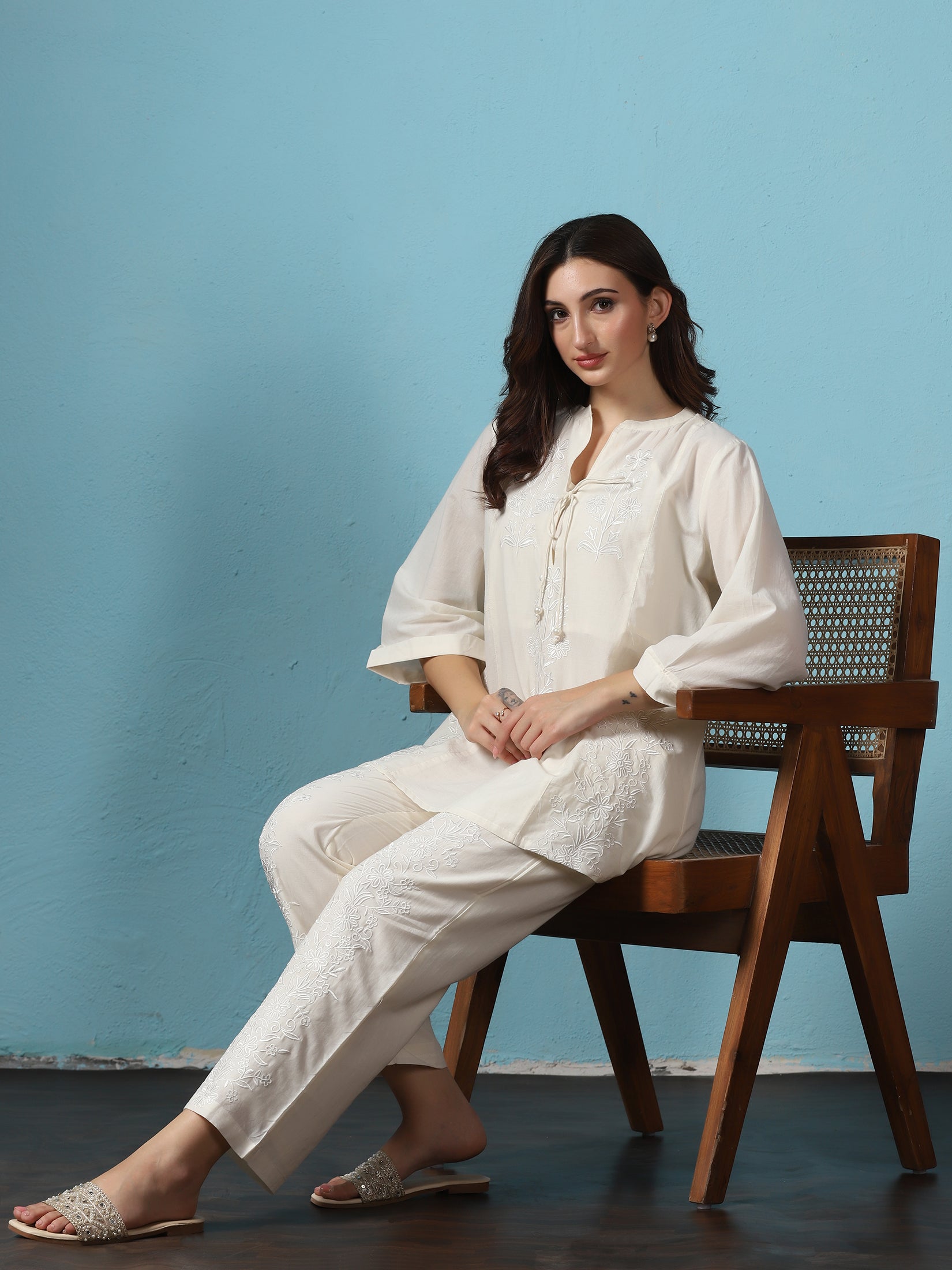 Women Off White Cotton Embroidered Co-Ord Set
