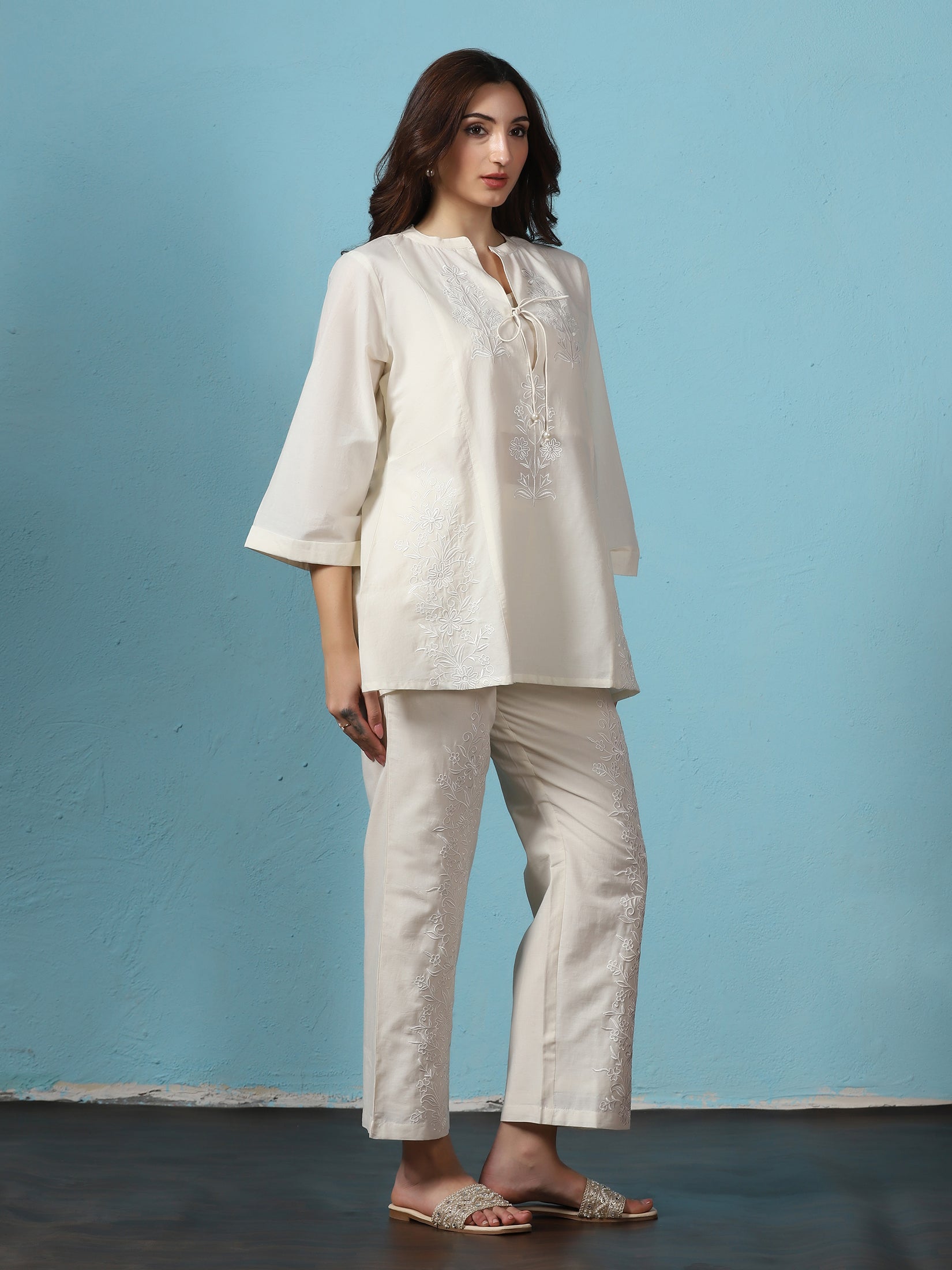 Women Off White Cotton Embroidered Co-Ord Set