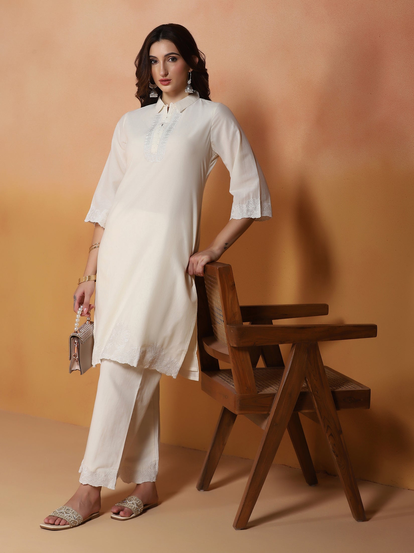 Women Cotton Off White Embroidered Kurta With Comfort With Pant