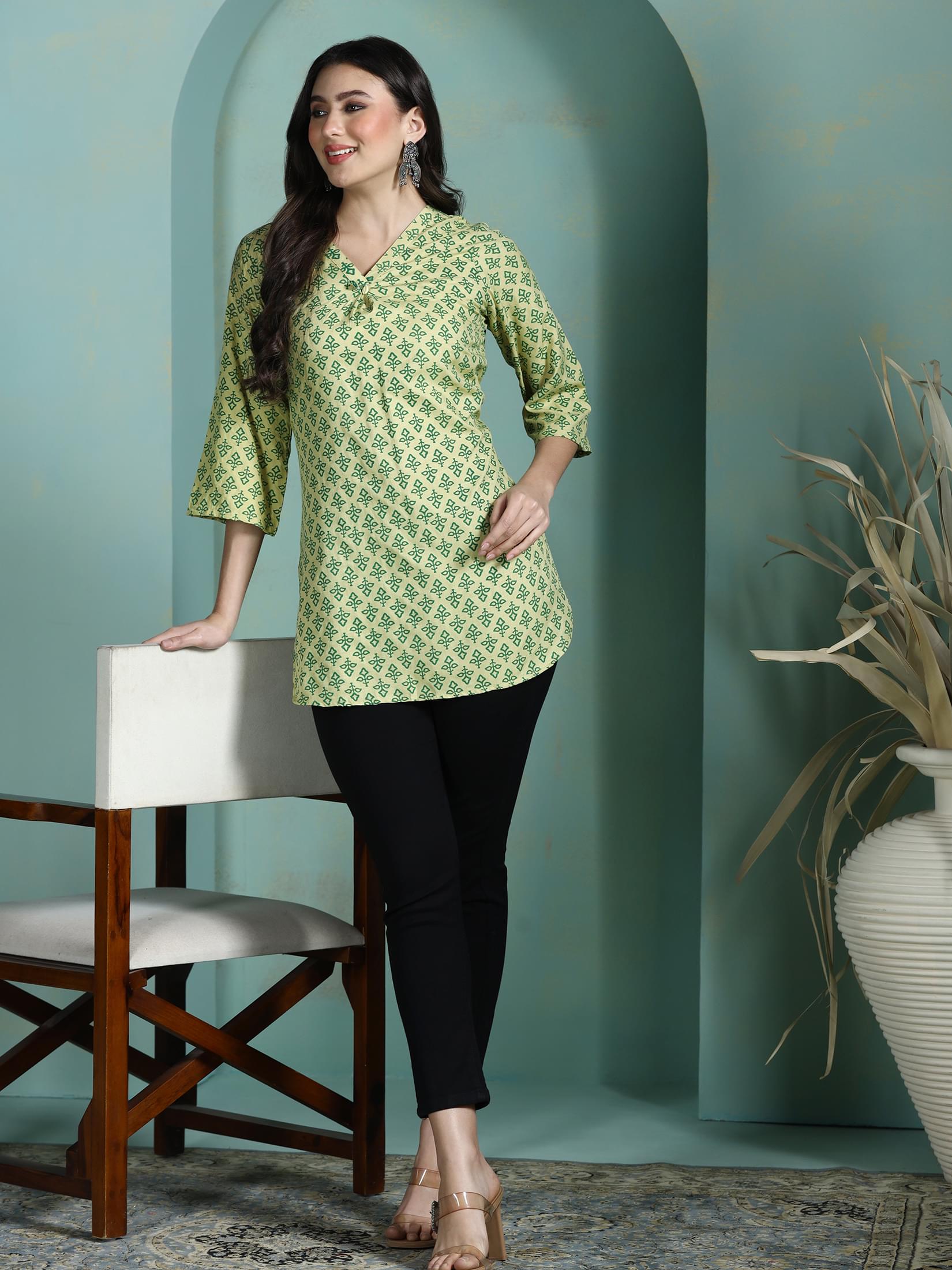 Olive green printed Liva fabric everyday utility short tunic byshree