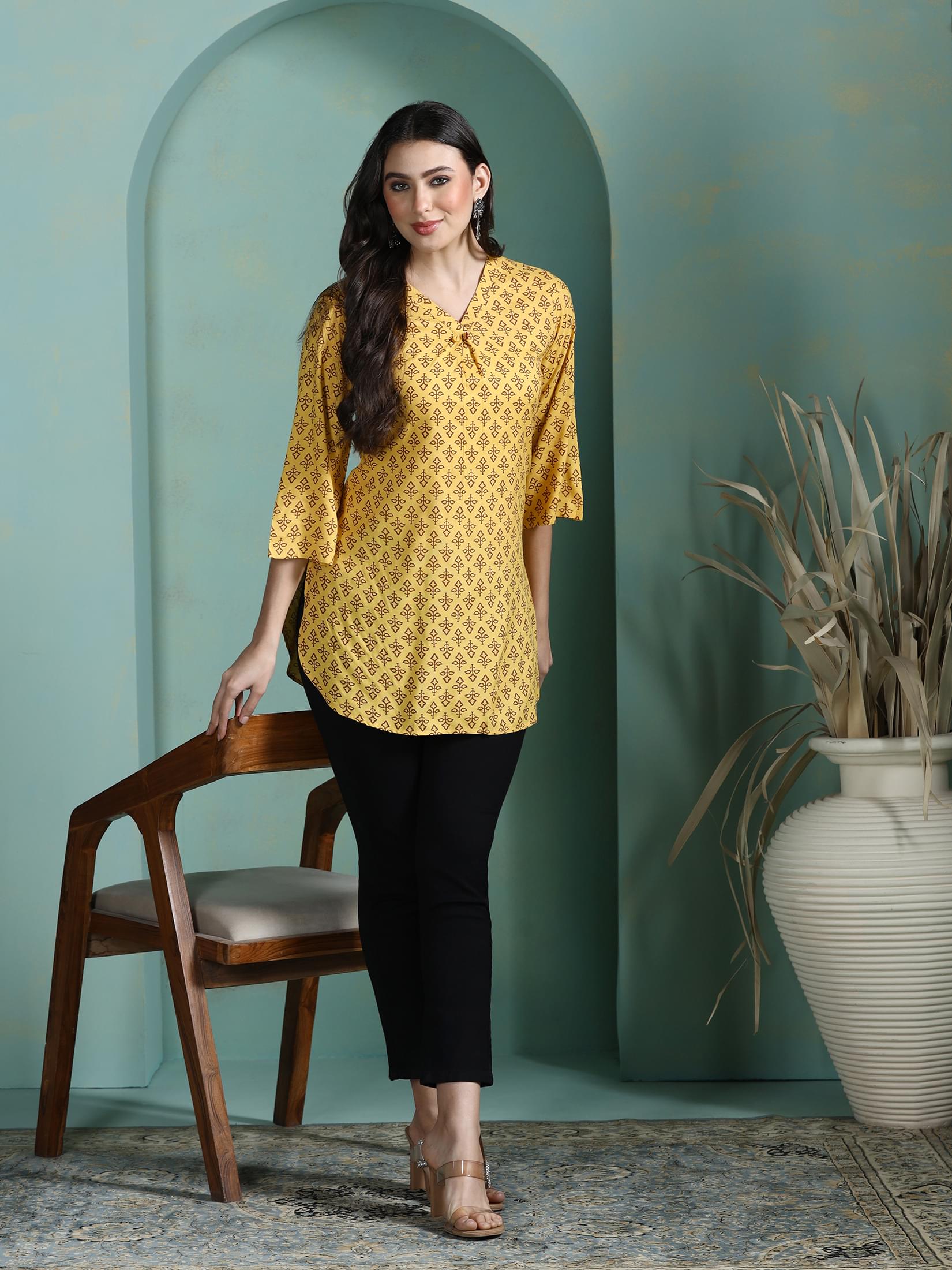 Bright sunny yellow printed Liva breathable casual summer tunic top