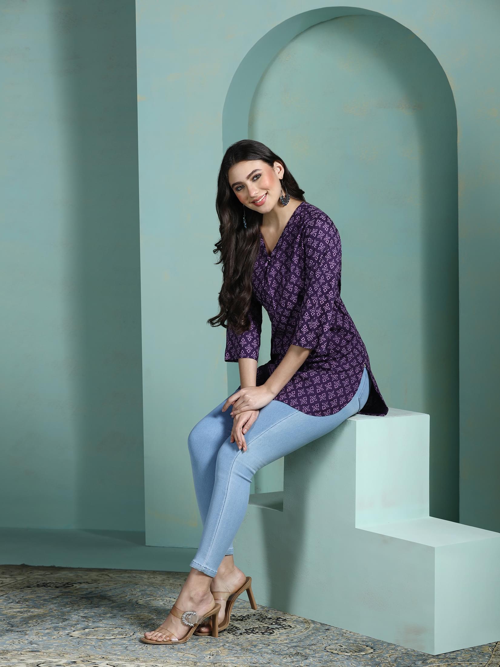 Royal purple printed Liva soft fabric everyday comfort tunic for women