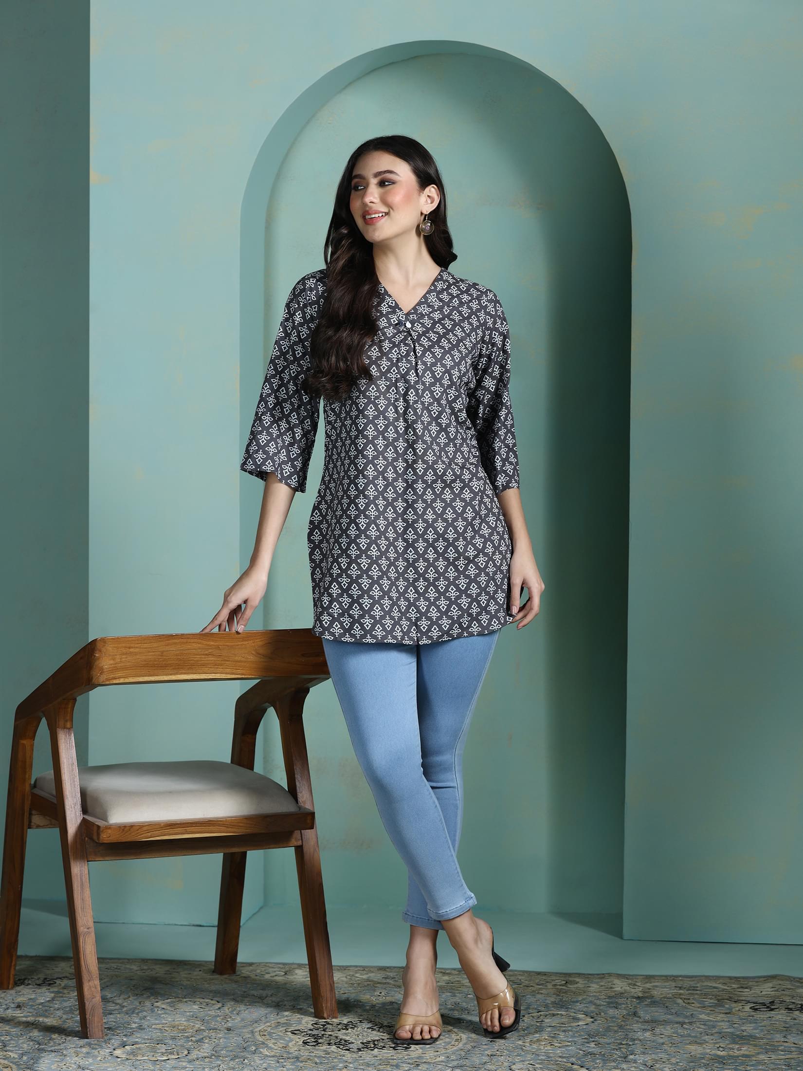 Cool grey printed Liva fabric lightweight daily wear casual tunic top