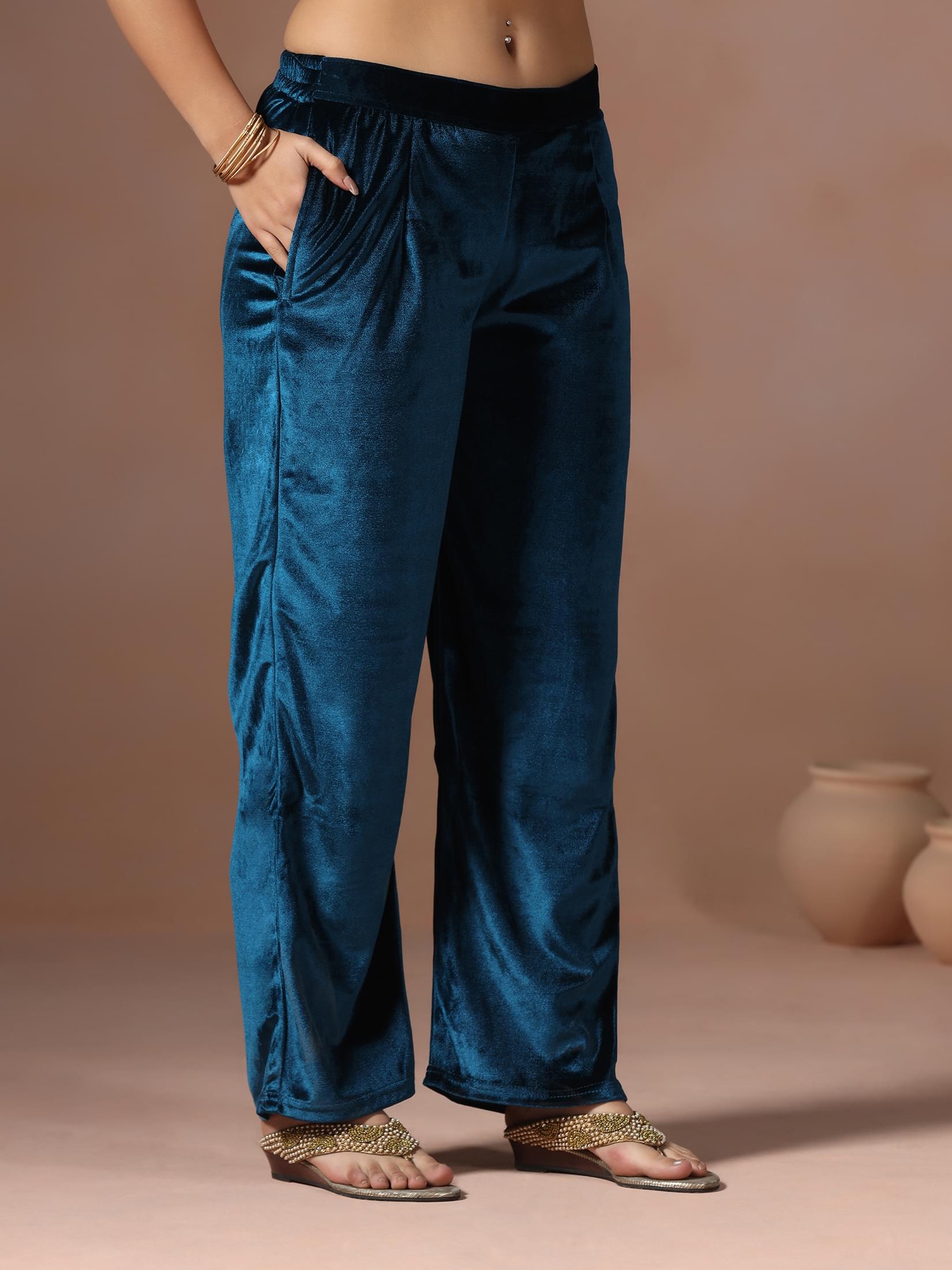 Winter Women Velvet Blue Embroidered Kurta Comfort Pant With Dupatta.