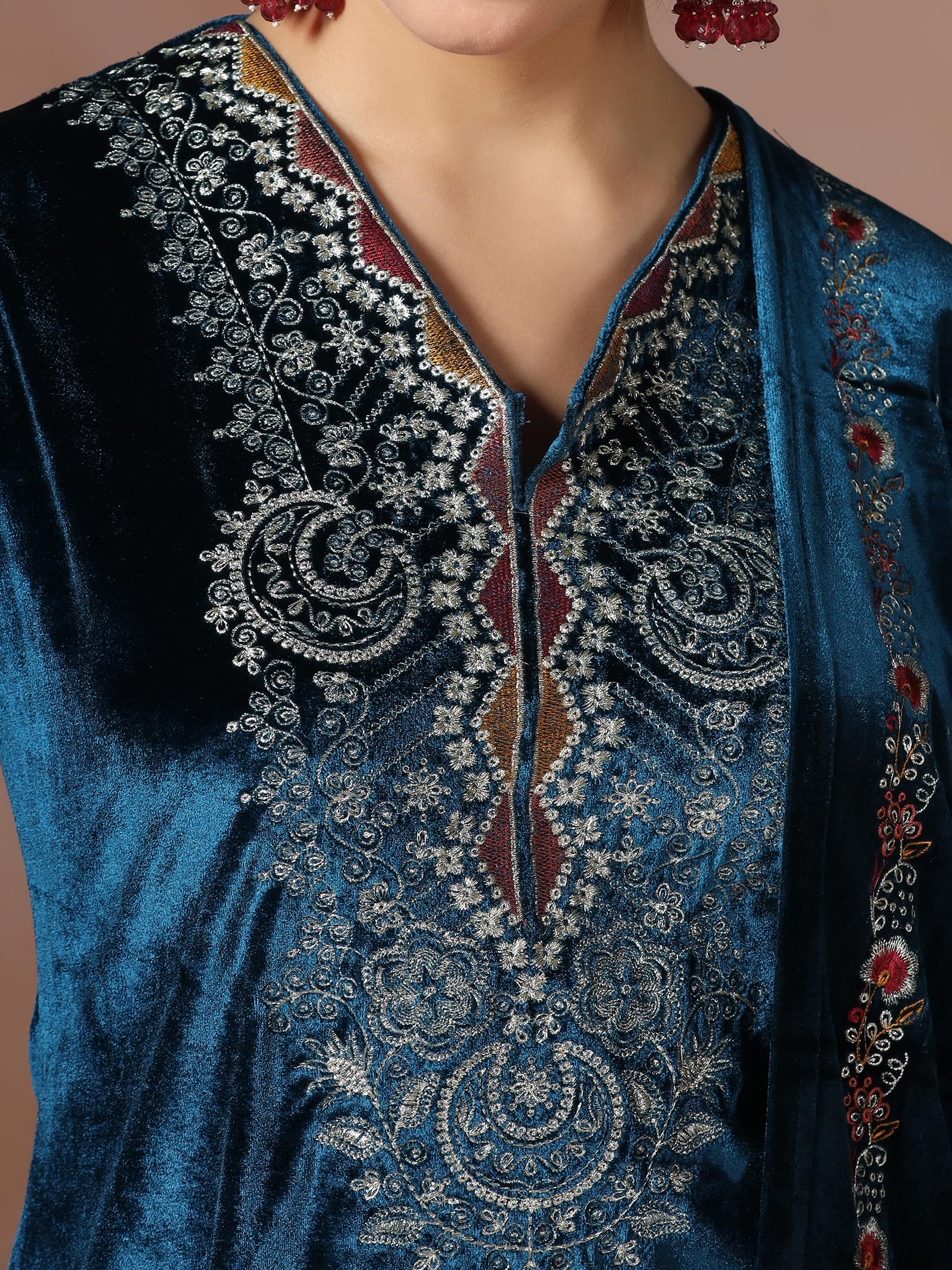 Winter Women Velvet Blue Embroidered Kurta Comfort Pant With Dupatta.