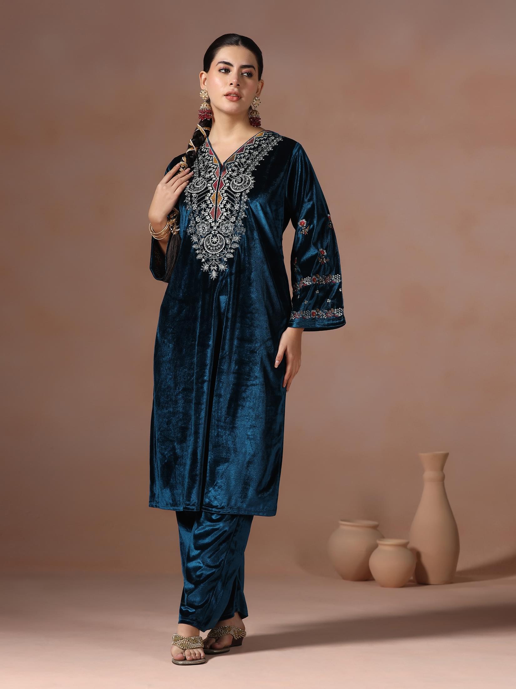 Winter Women Velvet Blue Embroidered Kurta Comfort Pant With Dupatta.