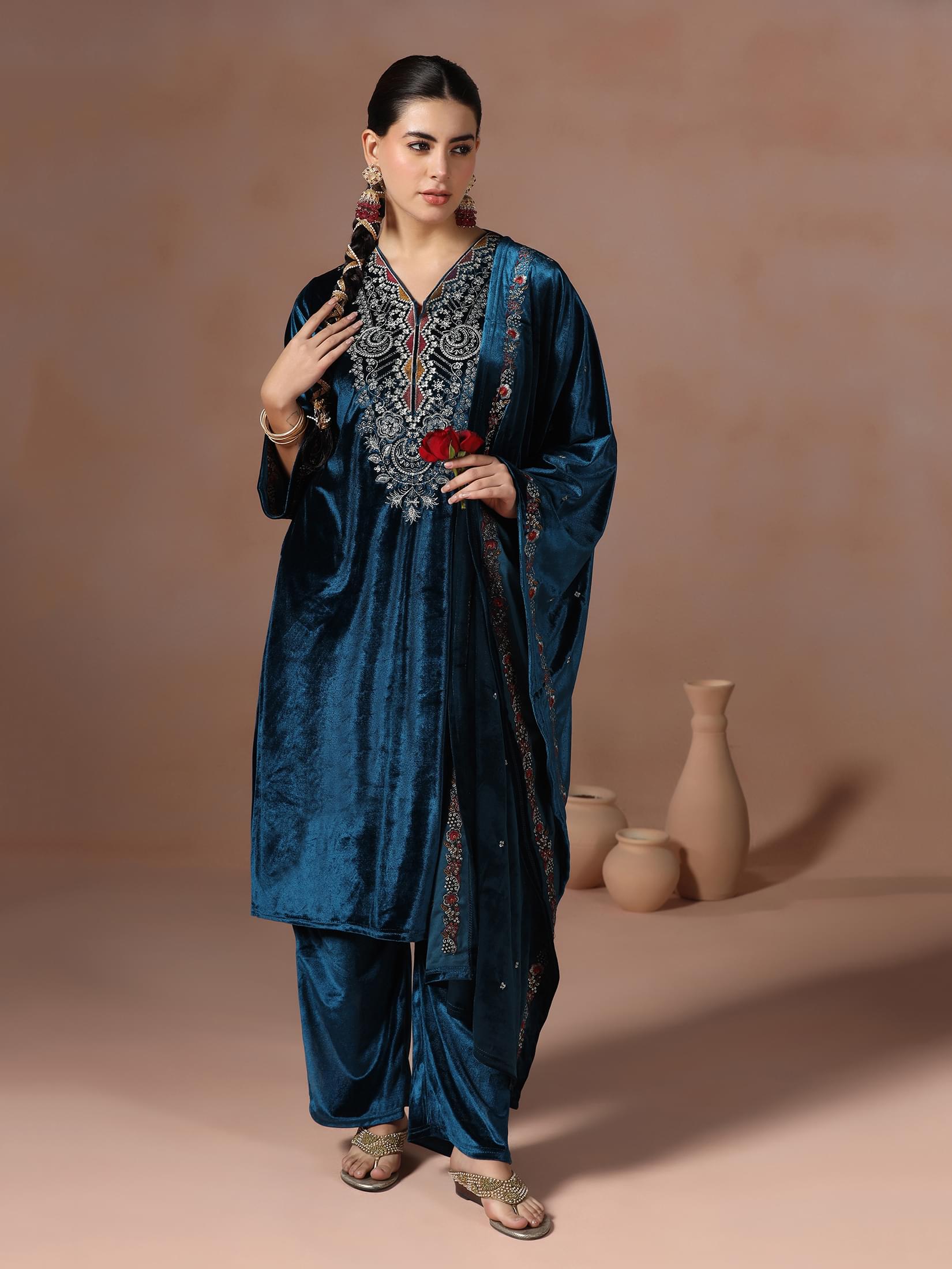 Winter Women Velvet Blue Embroidered Kurta Comfort Pant With Dupatta.