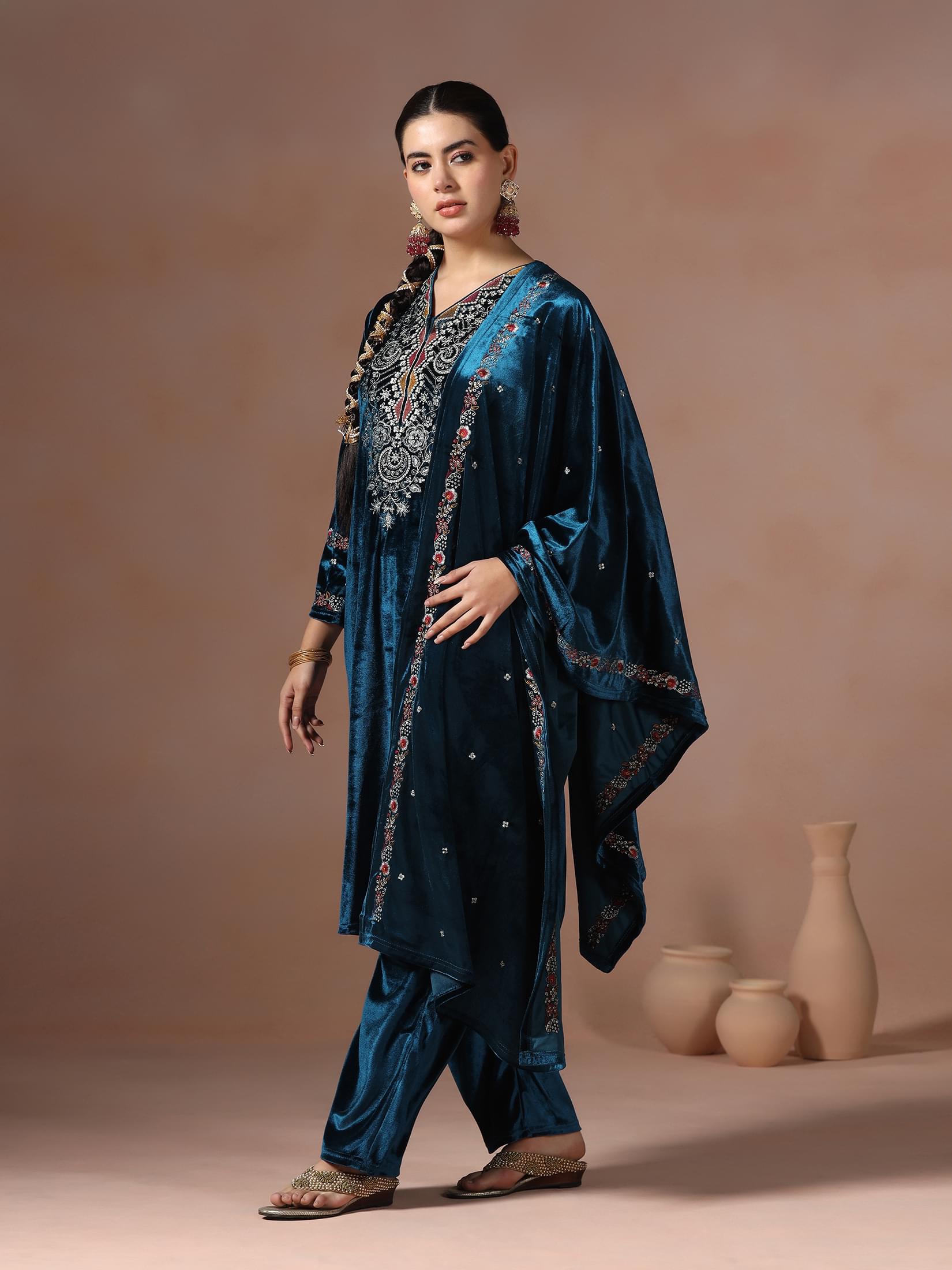 Winter Women Velvet Blue Embroidered Kurta Comfort Pant With Dupatta.