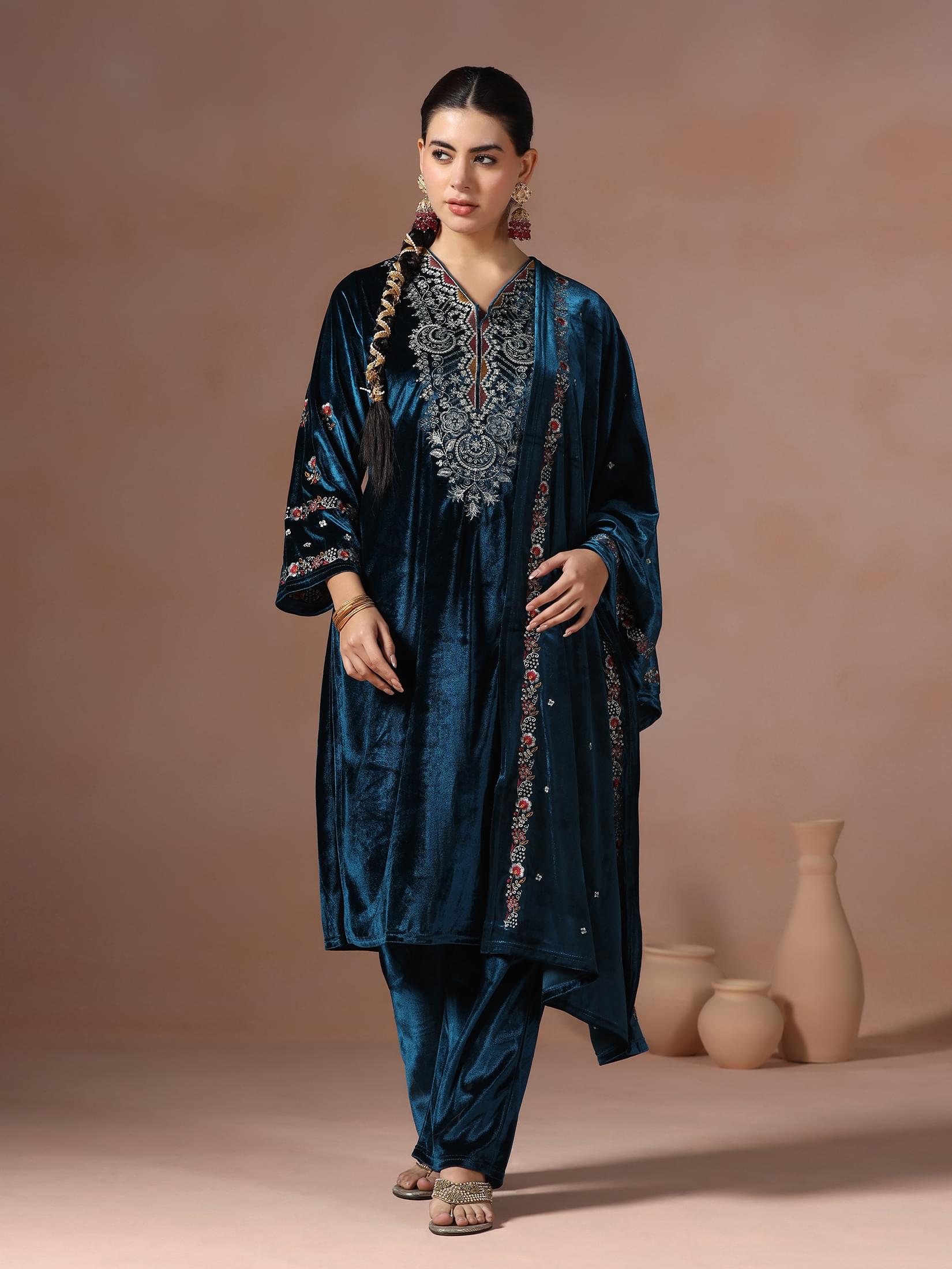 Winter Women Velvet Blue Embroidered Kurta Comfort Pant With Dupatta.