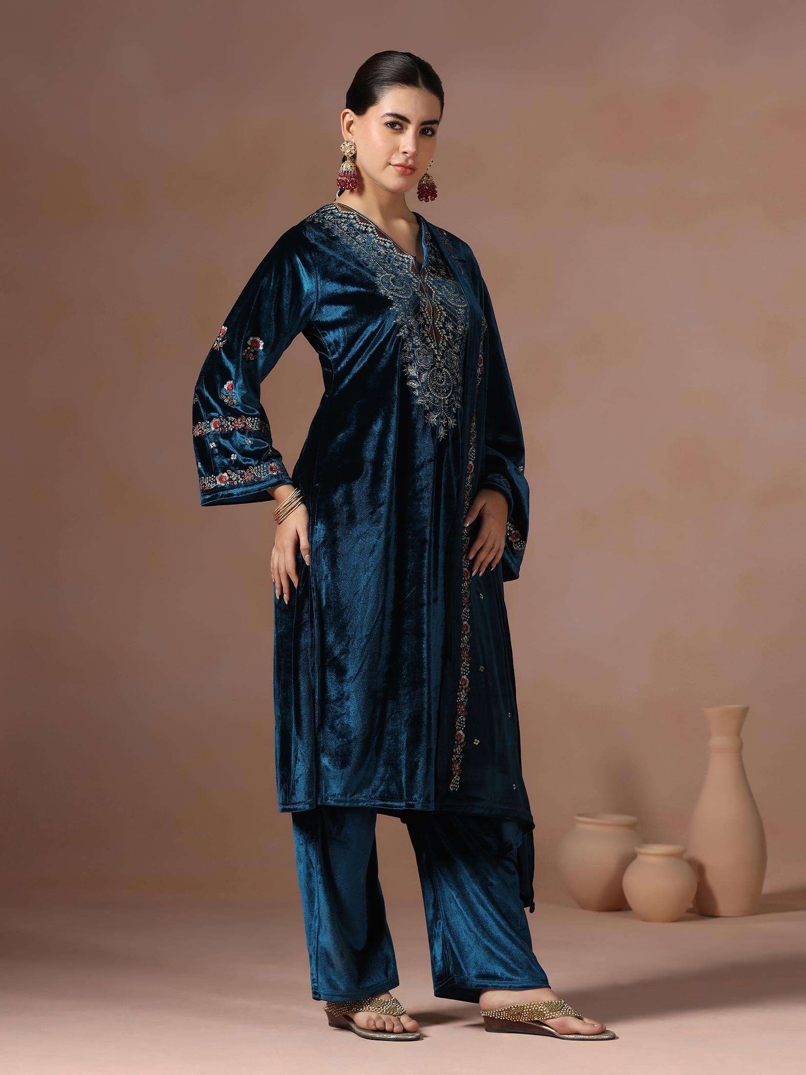 Winter Women Velvet Blue Embroidered Kurta Comfort Pant With Dupatta.