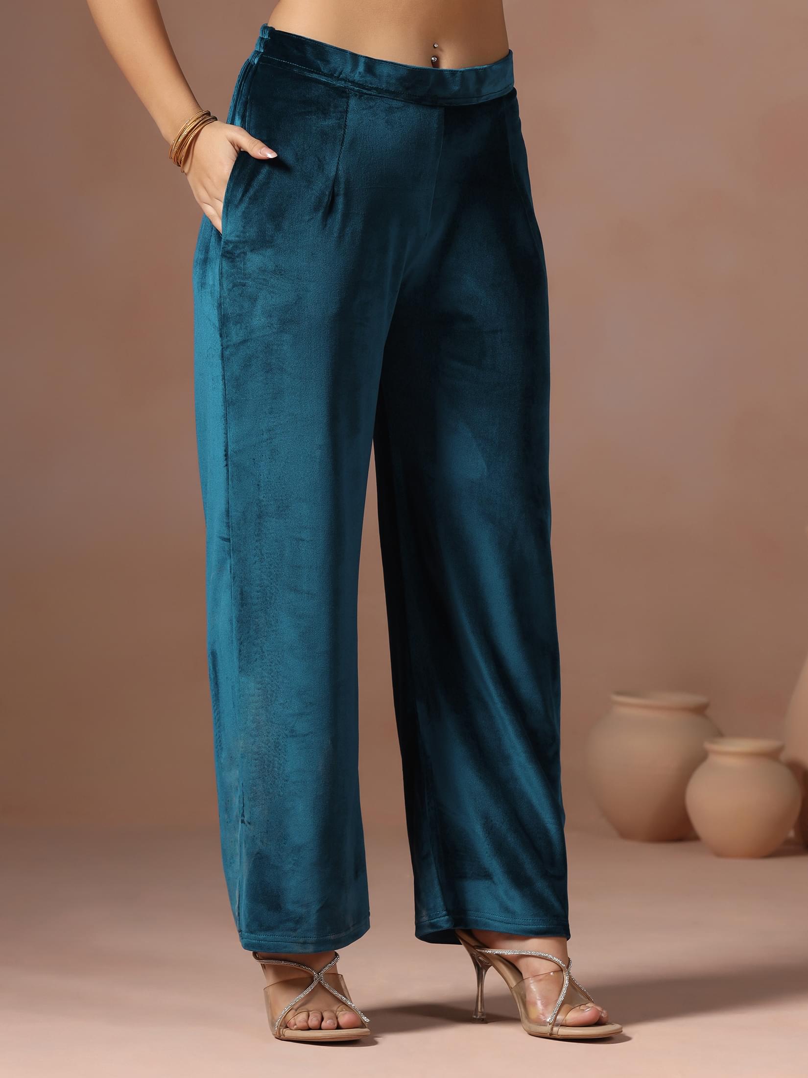 Winter Women Velvet Blue Embroidered Kurta With Comfort Pant Dupatta.