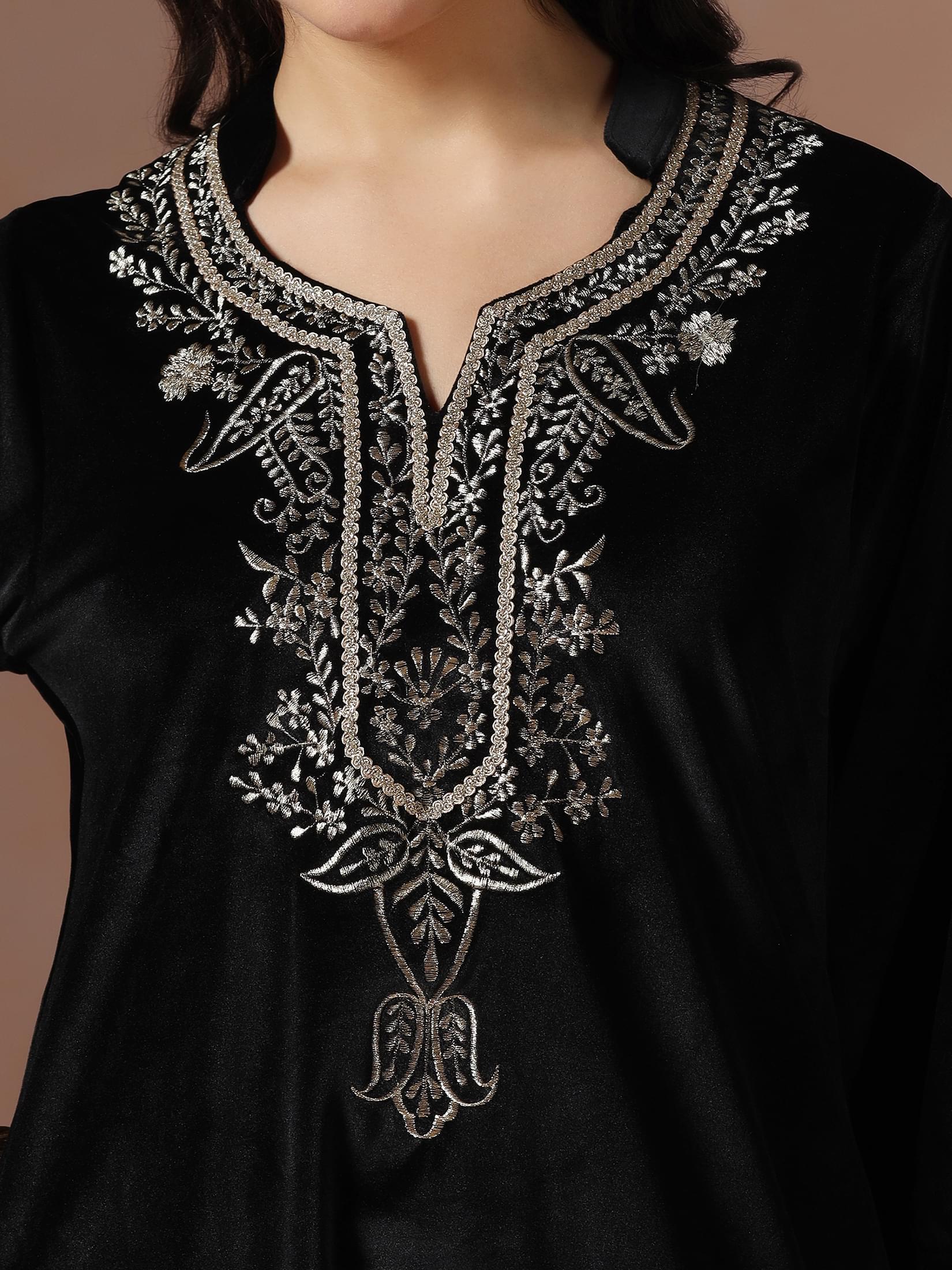 Winter Wear Women Velvet Black Embroidered Co-Ord Set.