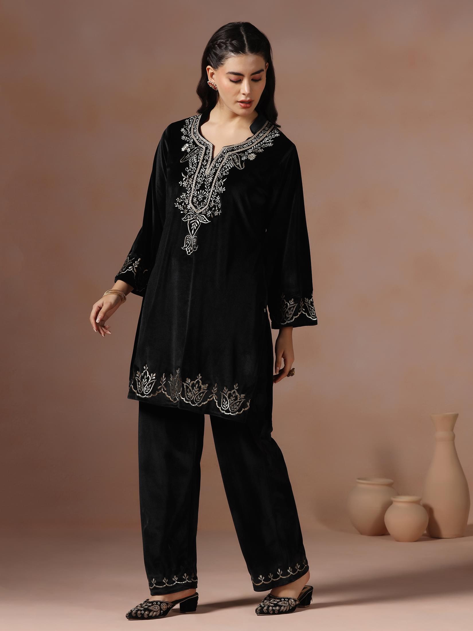 Winter Wear Women Velvet Black Embroidered Co-Ord Set.