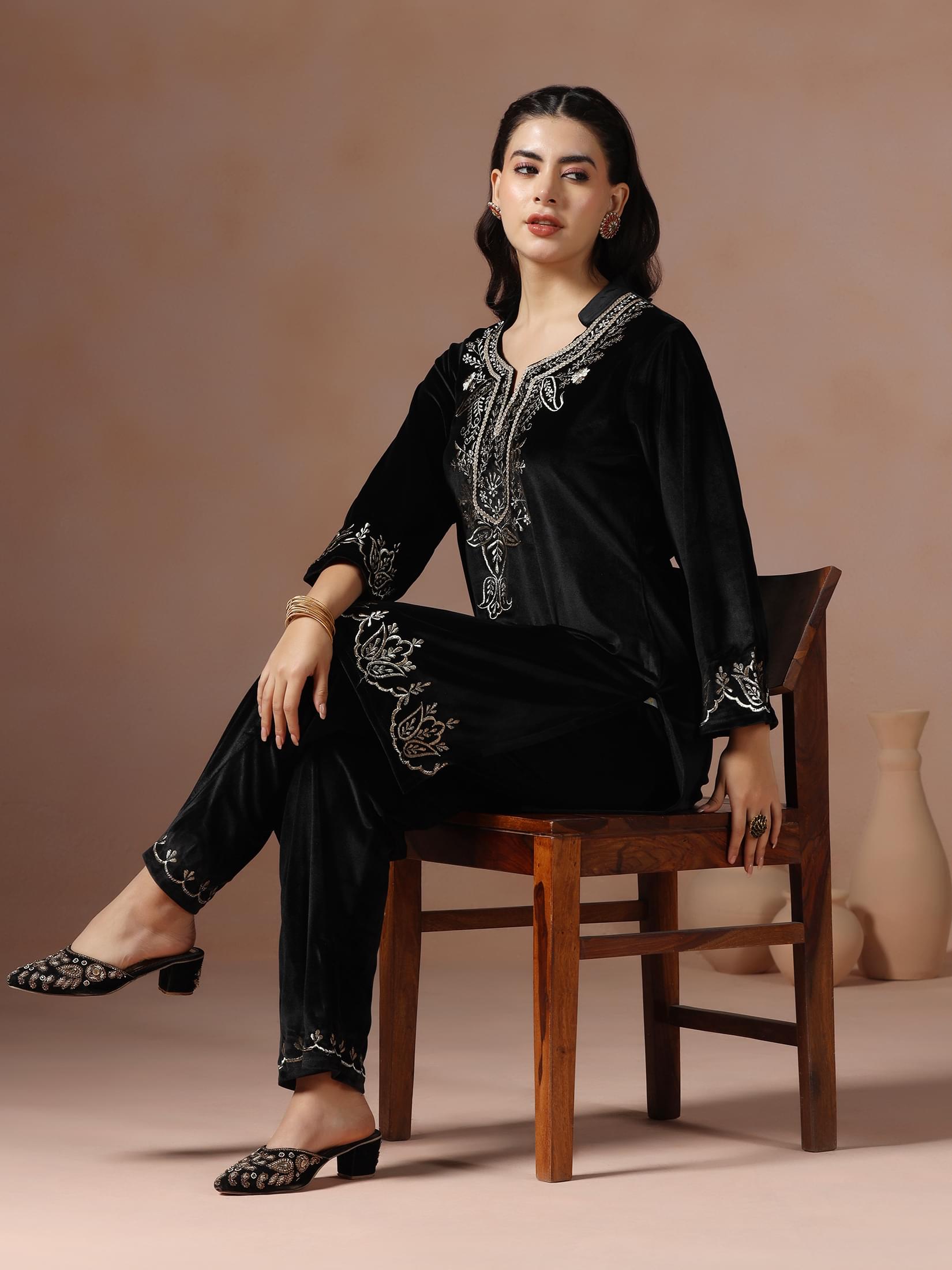 Winter Wear Women Velvet Black Embroidered Co-Ord Set.