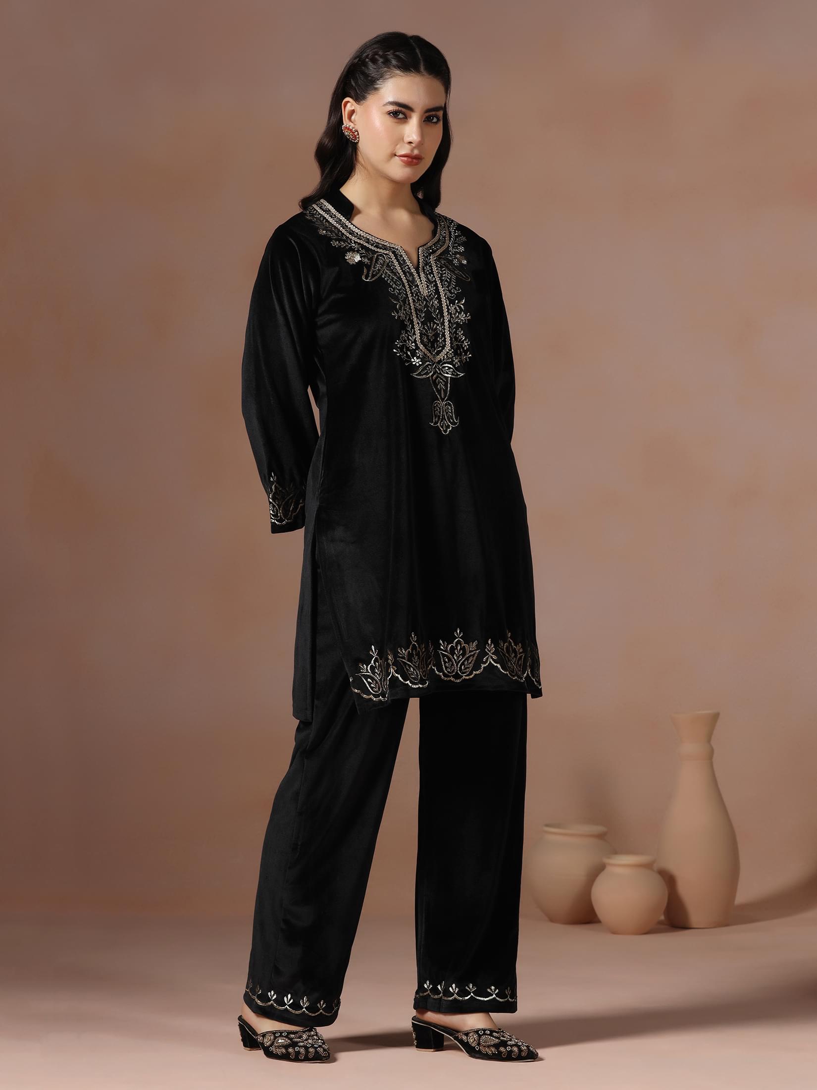 Winter Wear Women Velvet Black Embroidered Co-Ord Set.