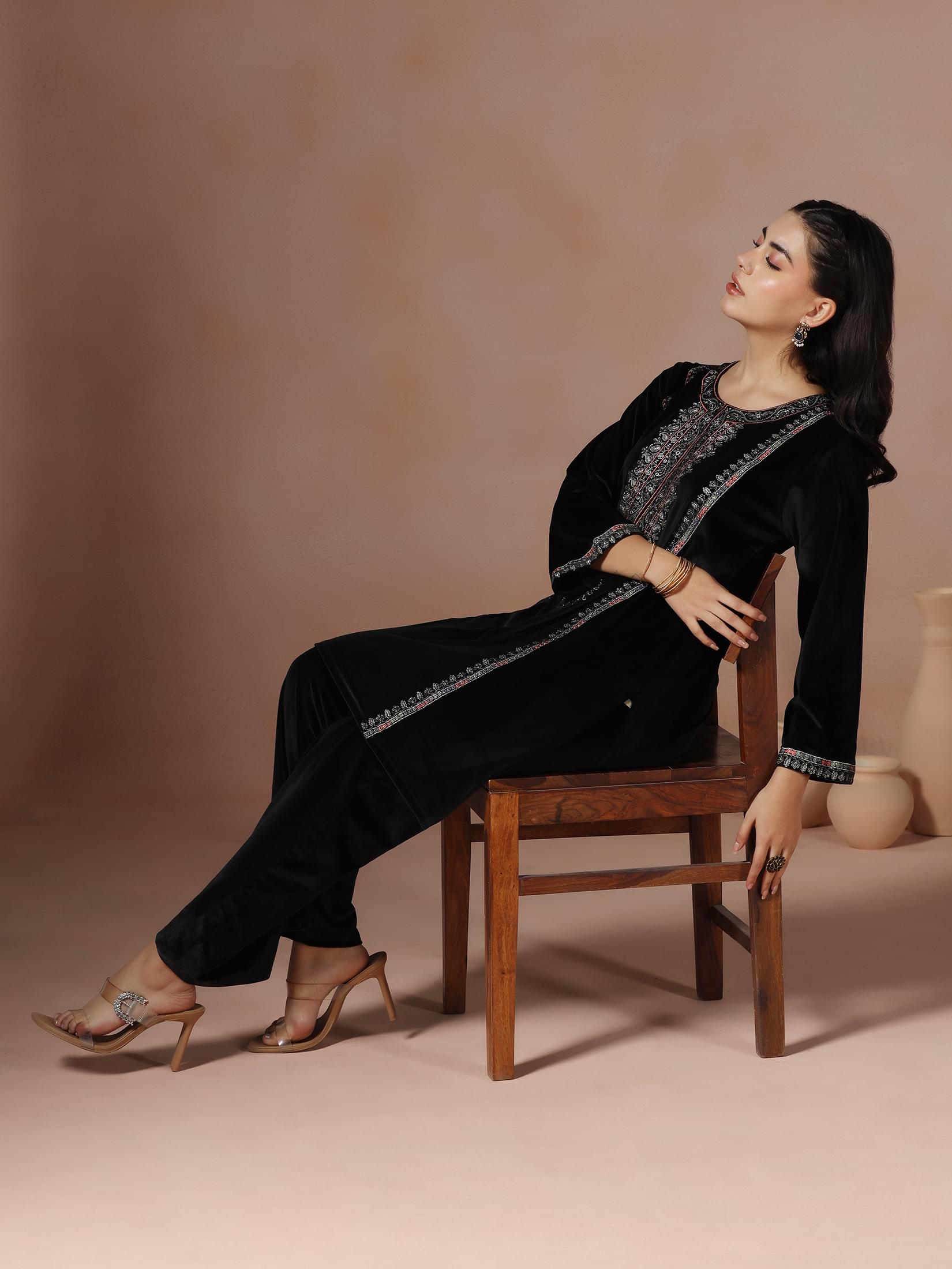 Winter Women Velvet Black Embroidered Co-Ord Set.