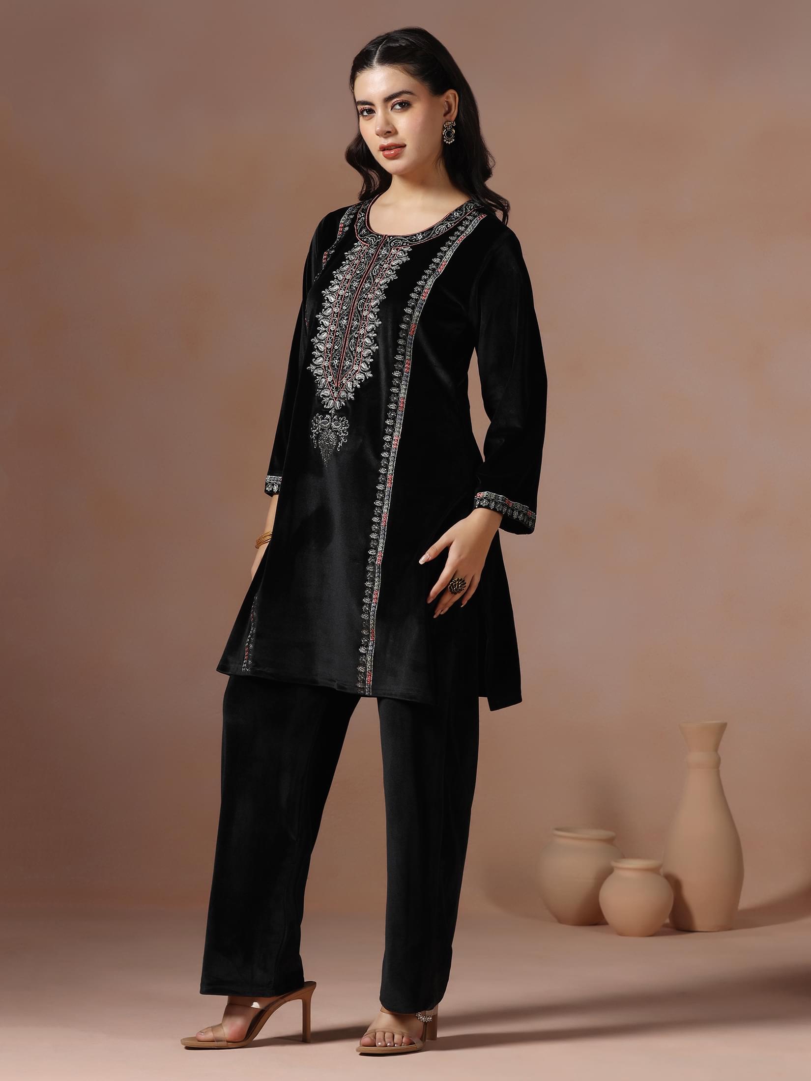 Winter Women Velvet Black Embroidered Co-Ord Set.