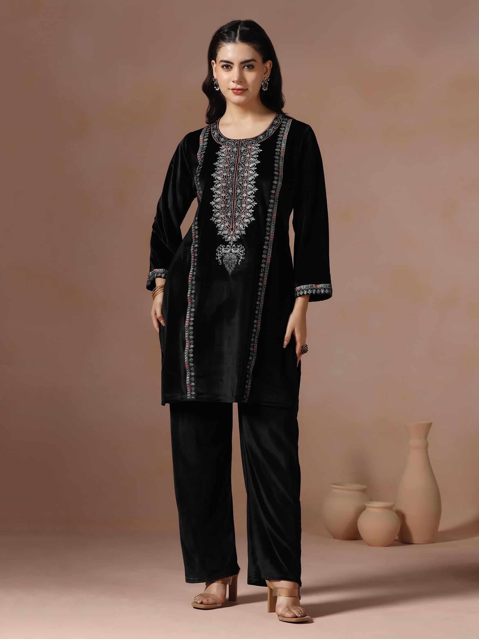 Winter Women Velvet Black Embroidered Co-Ord Set.