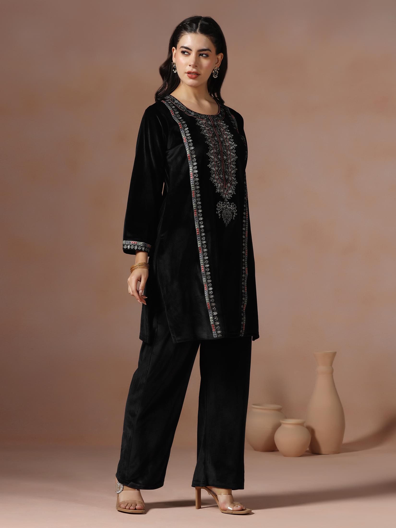 Winter Women Velvet Black Embroidered Co-Ord Set.