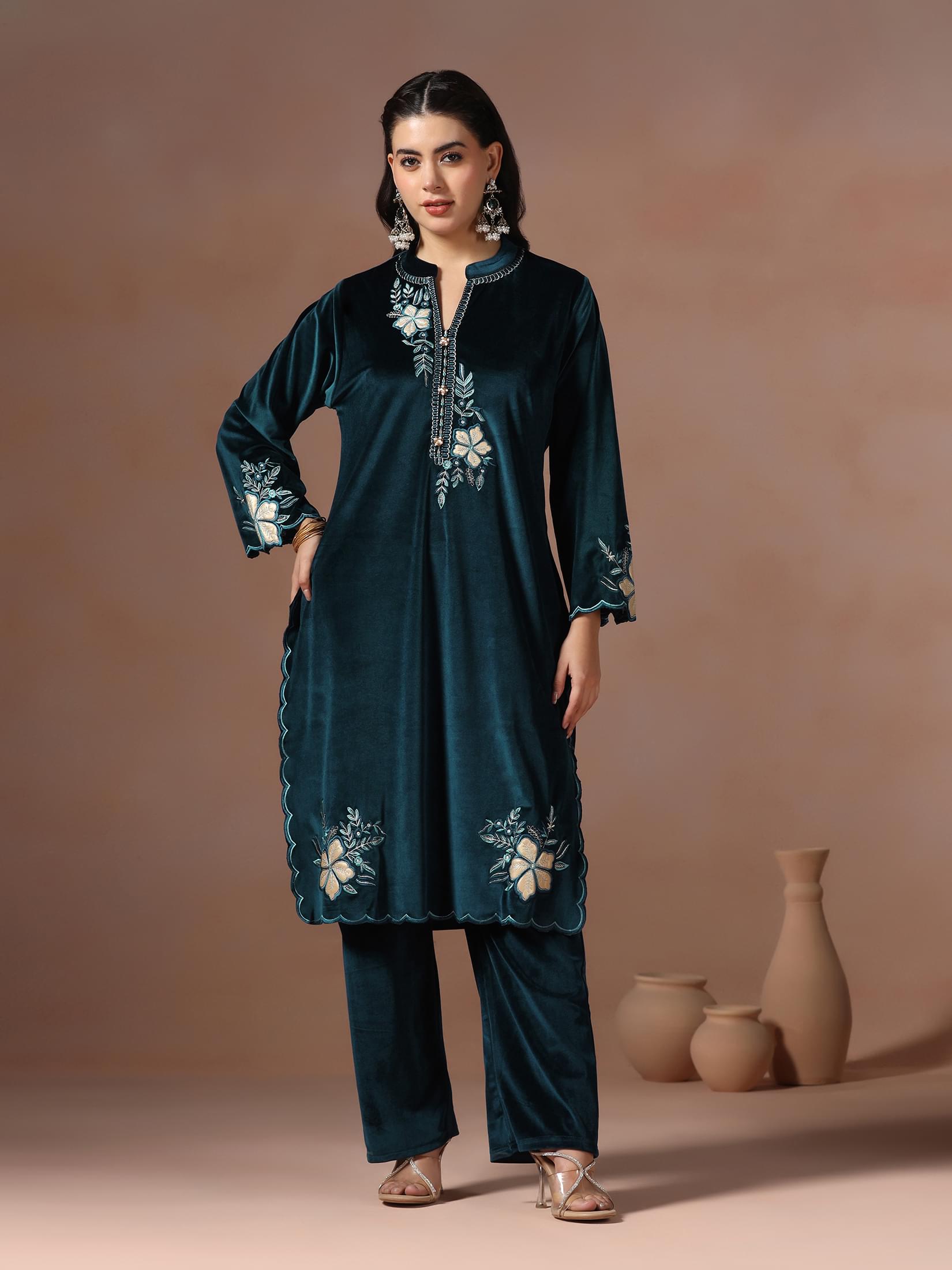 Winter Women Velvet Blue Embroidered Kurta Comfort Pant Dupatta.