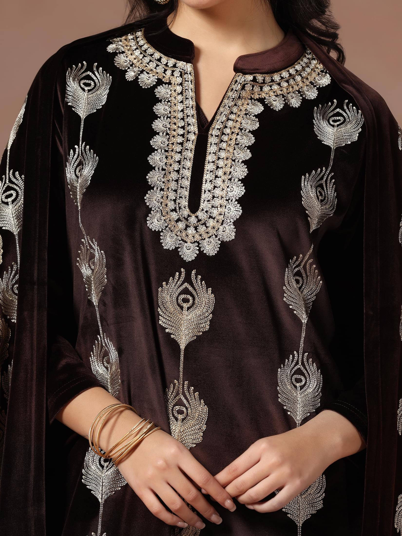Winter Women Velvet Brown Embroidered Kurta Comfort Pant Dupatta.