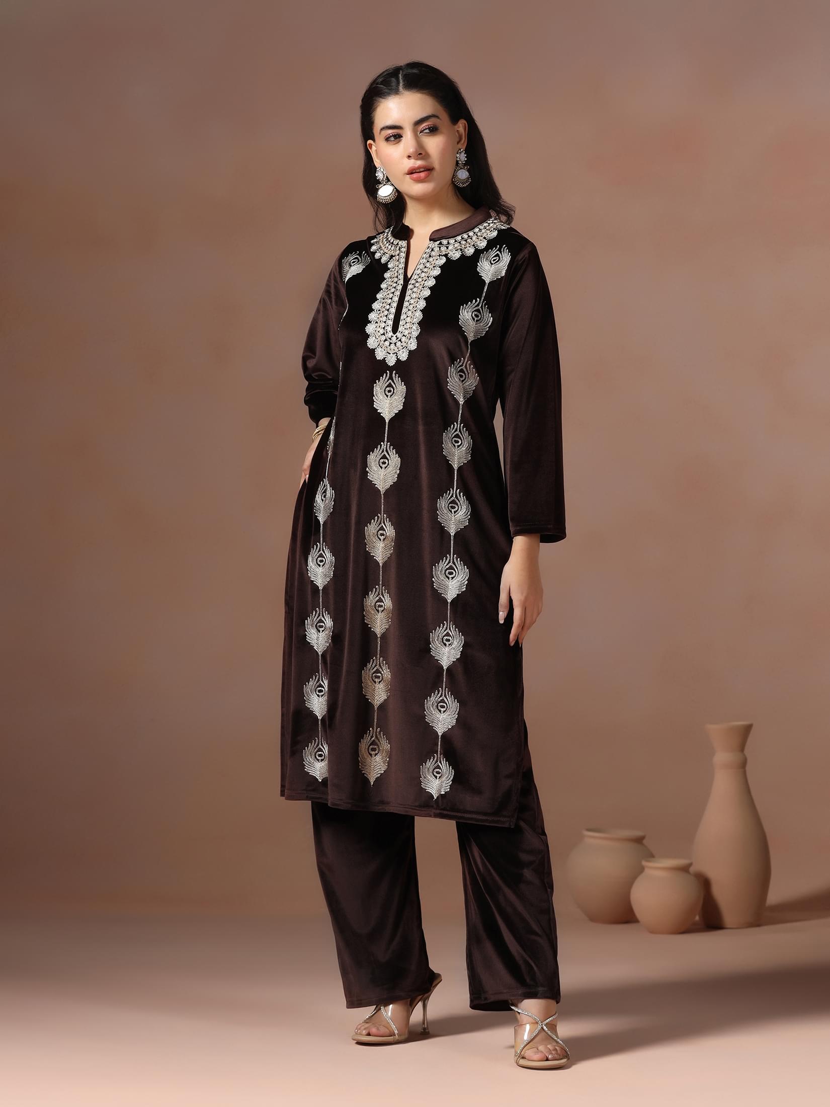 Winter Women Velvet Brown Embroidered Kurta Comfort Pant Dupatta.