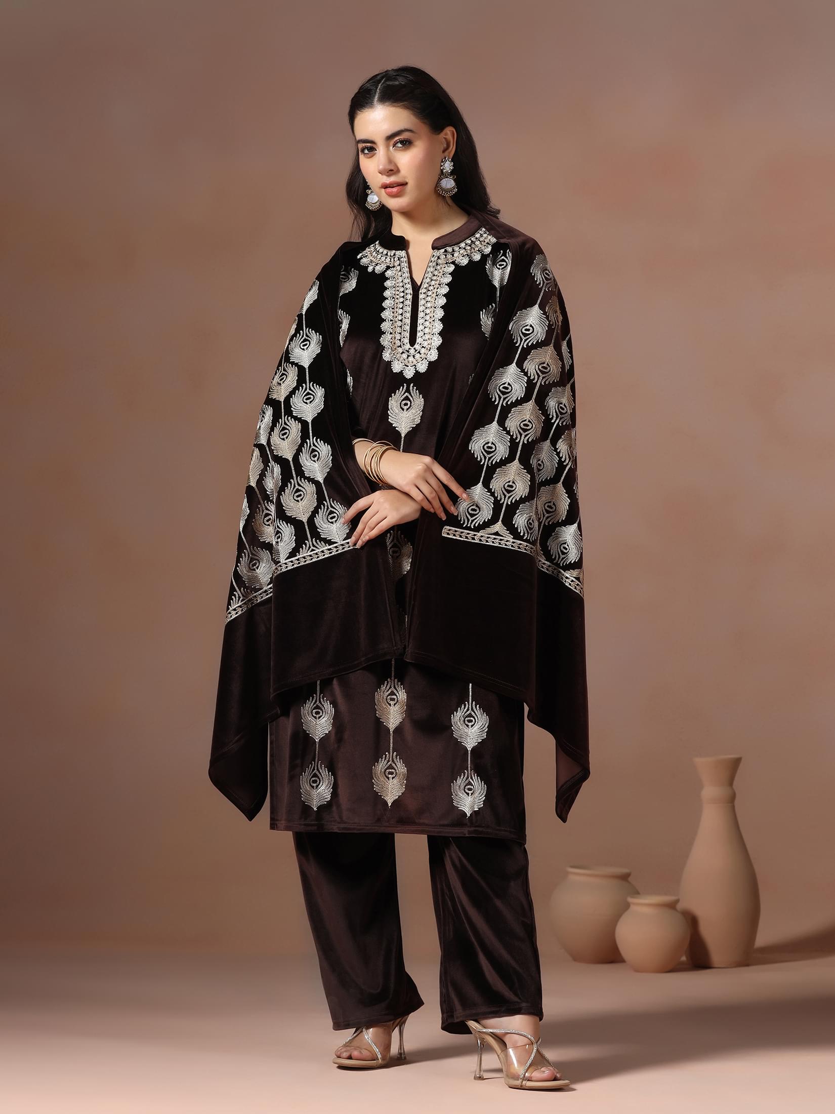 Winter Women Velvet Brown Embroidered Kurta Comfort Pant Dupatta.