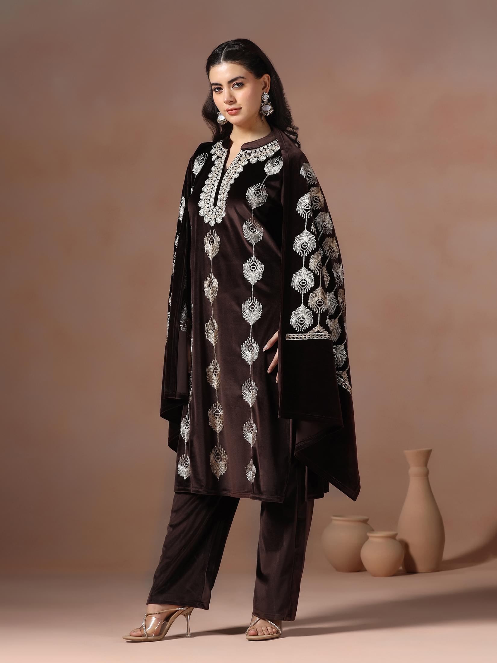 Winter Women Velvet Brown Embroidered Kurta Comfort Pant Dupatta.