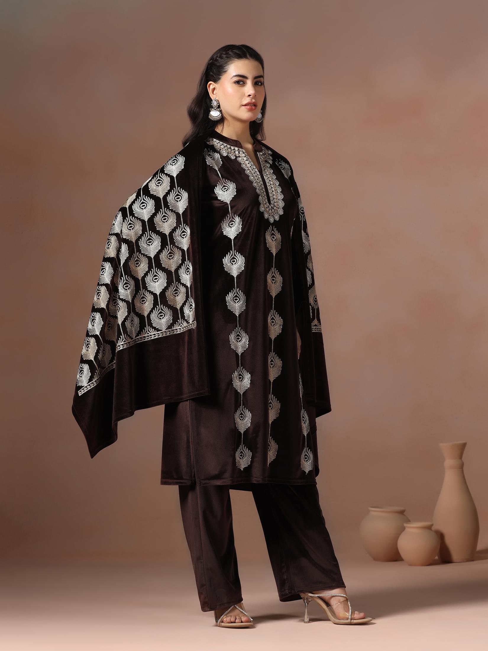Winter Women Velvet Brown Embroidered Kurta Comfort Pant Dupatta.