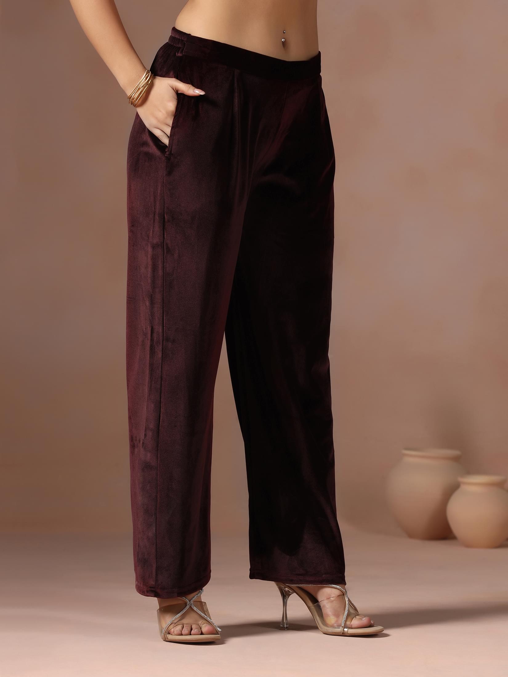 Winter Women Velvet Wine Embroidered Kurta Comfort Pant Dupatta.