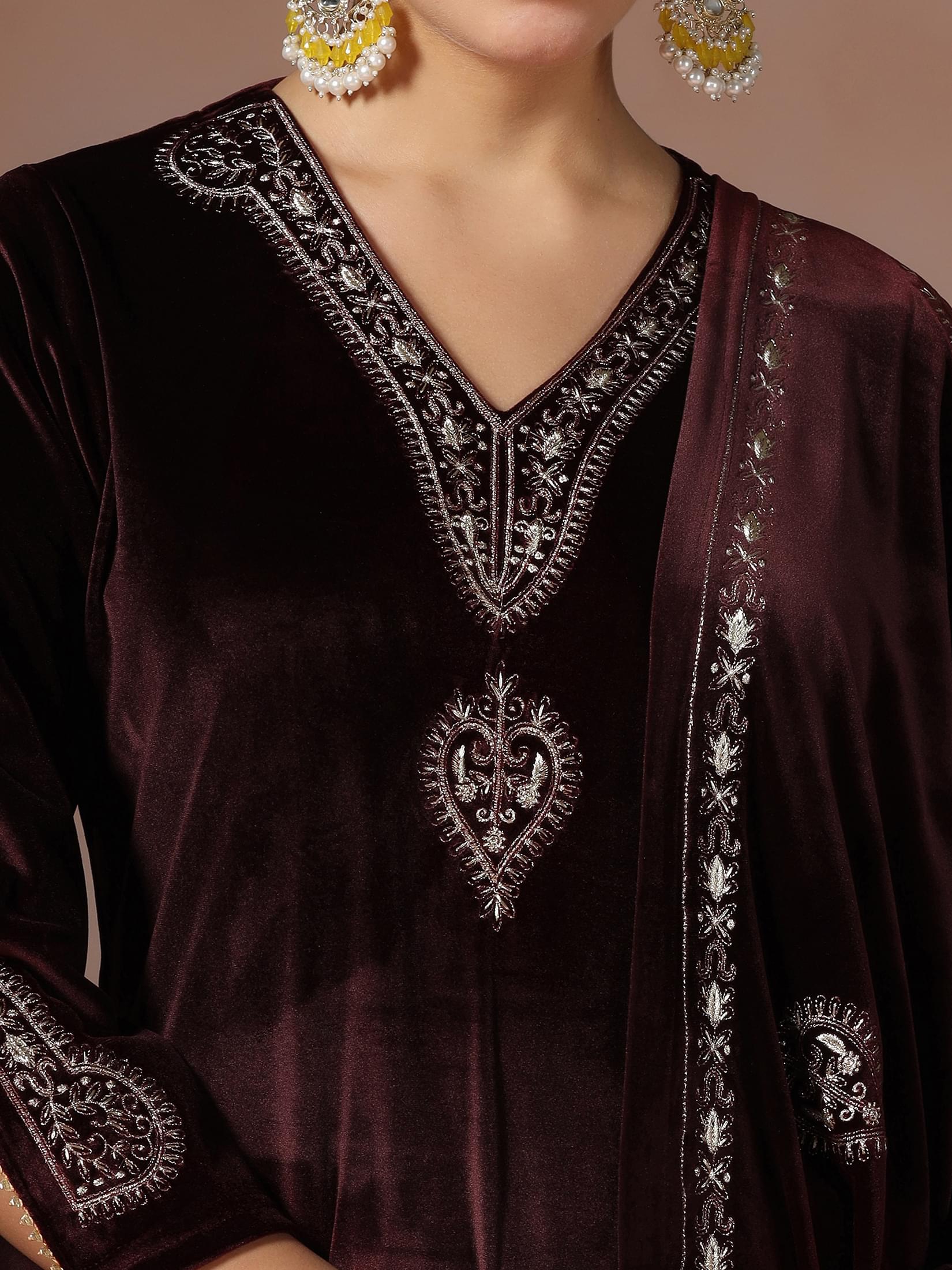 Winter Women Velvet Wine Embroidered Kurta Comfort Pant Dupatta.