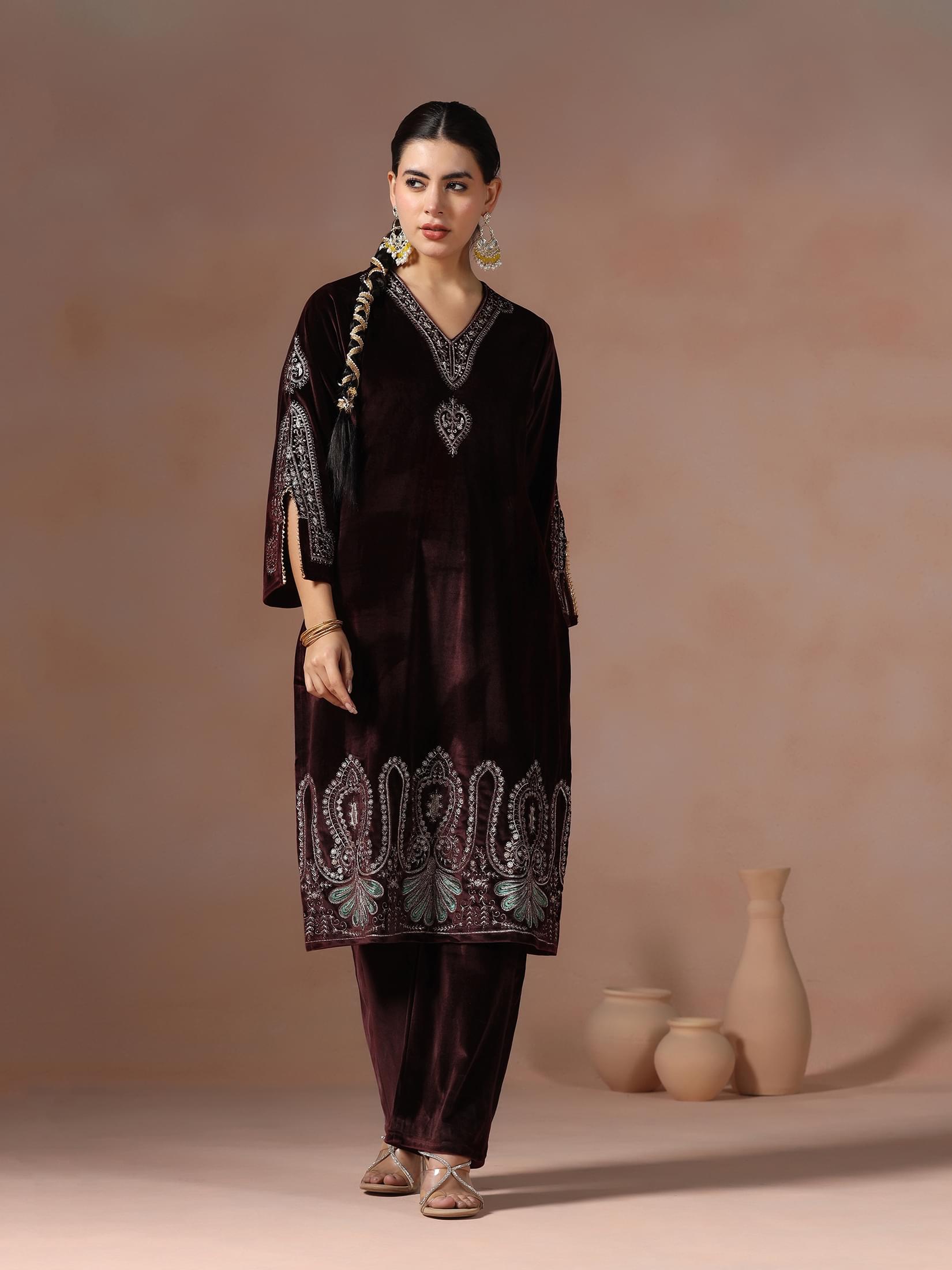 Winter Women Velvet Wine Embroidered Kurta Comfort Pant Dupatta.