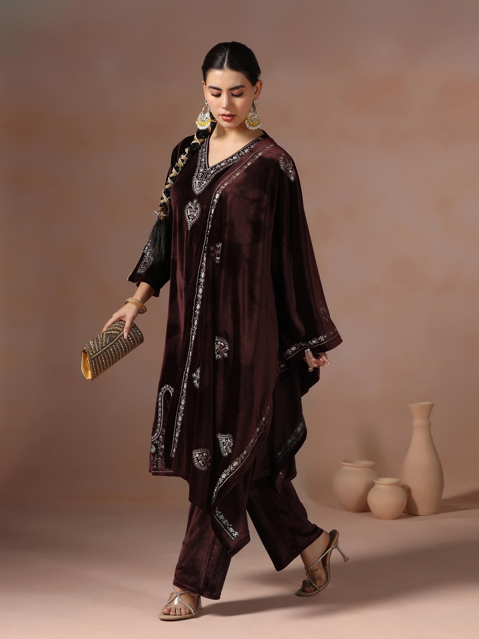 Winter Women Velvet Wine Embroidered Kurta Comfort Pant Dupatta.