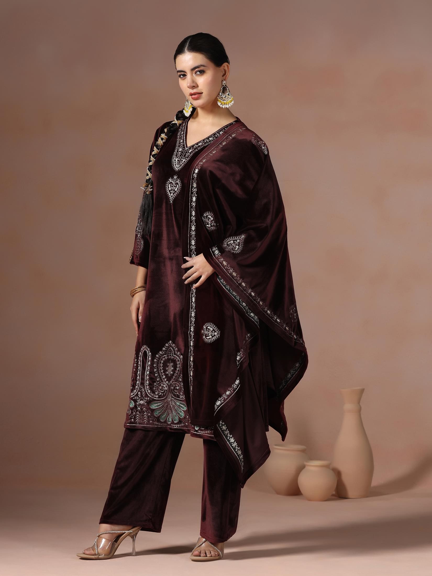 Winter Women Velvet Wine Embroidered Kurta Comfort Pant Dupatta.