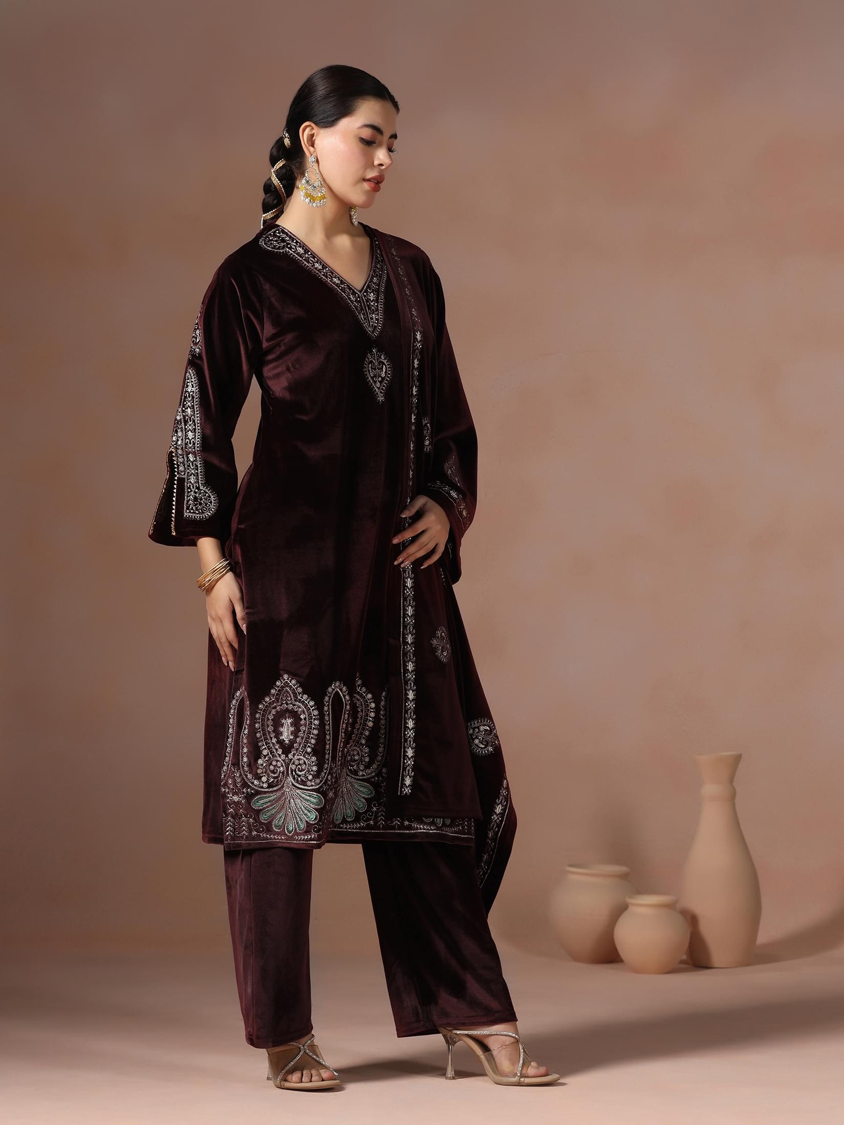 Winter Women Velvet Wine Embroidered Kurta Comfort Pant Dupatta.