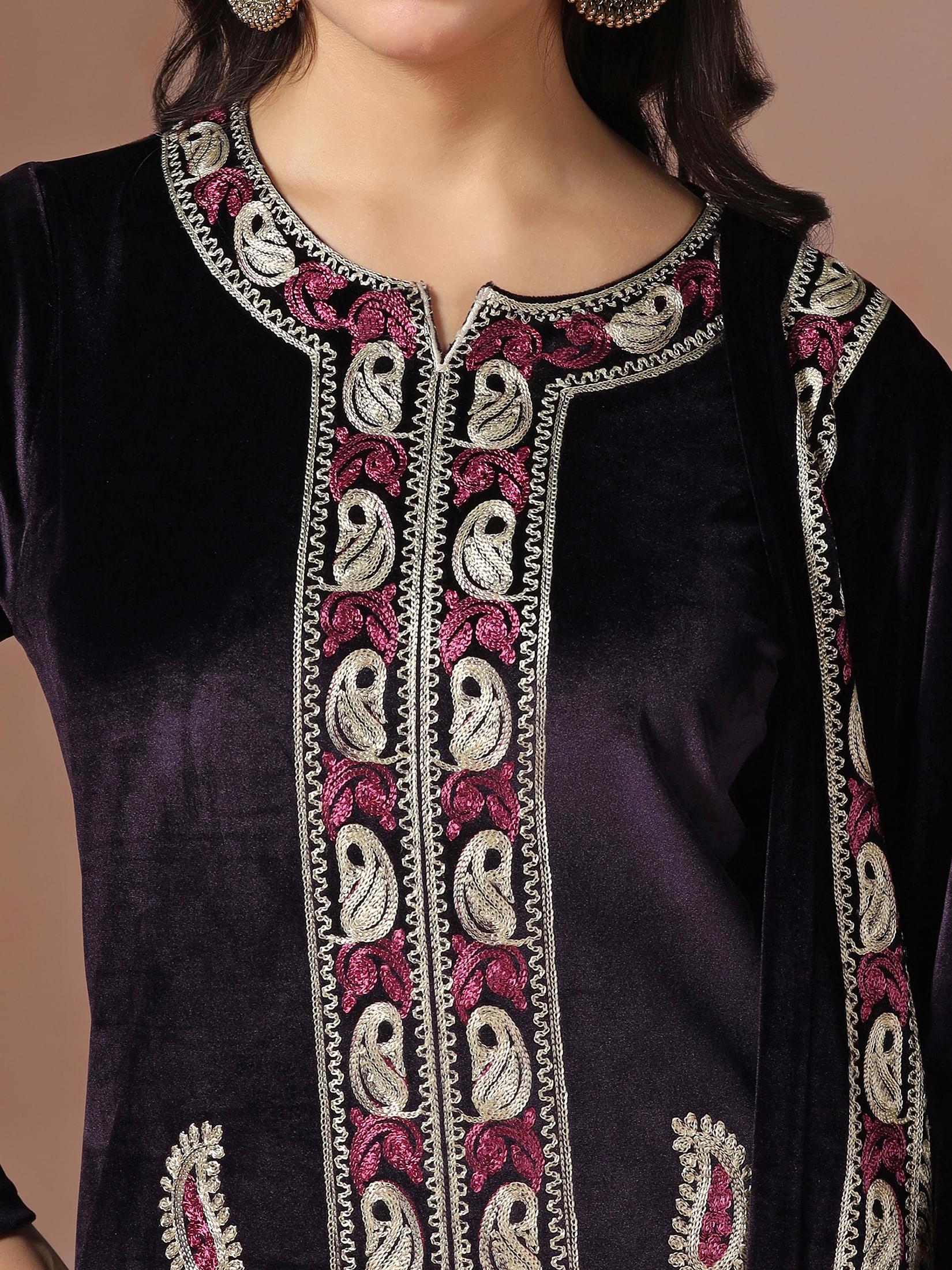 Winter Wear Women Velvet Purple Embroidered Kurta Comfort Pant Dupatta.