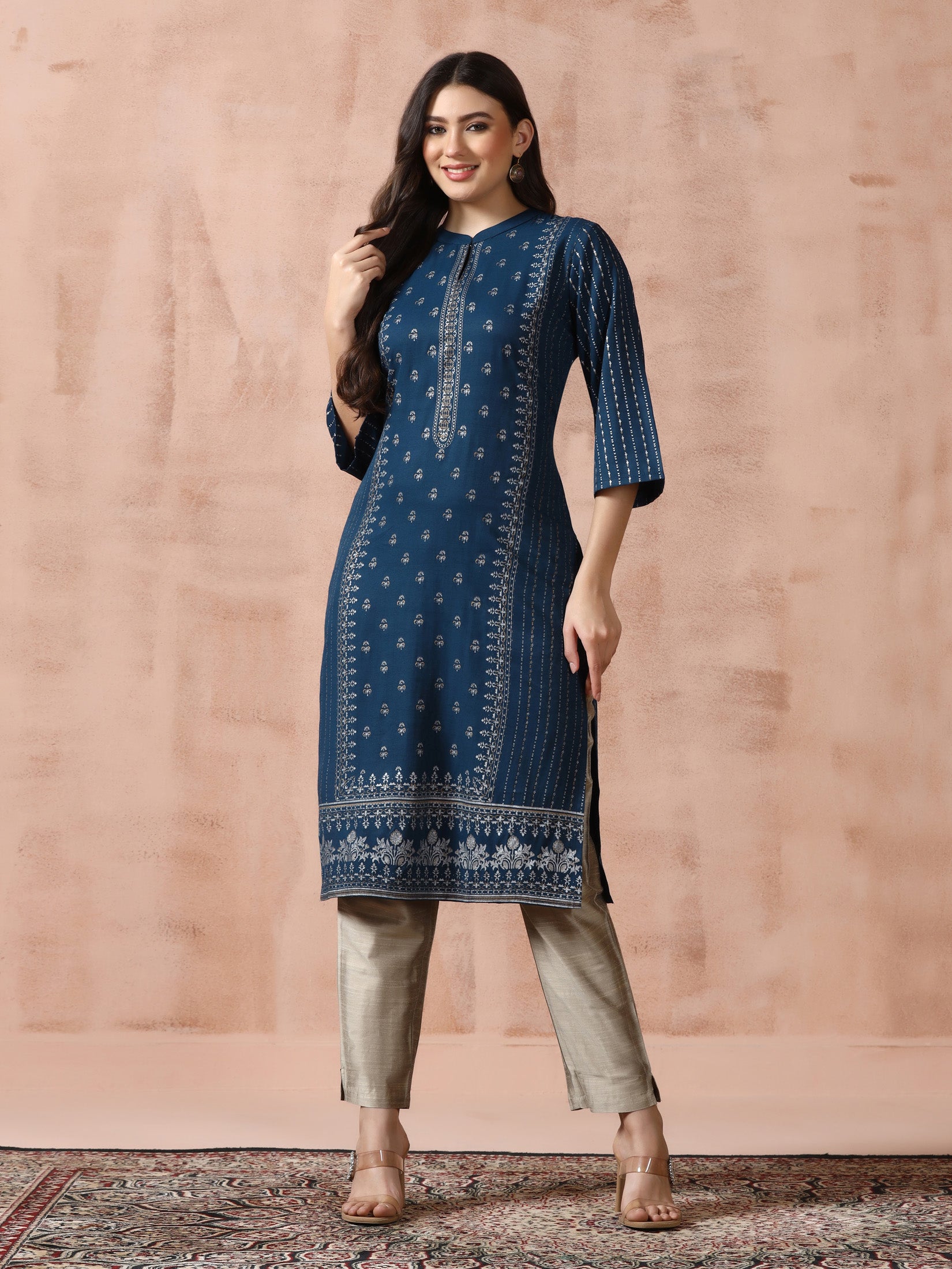 Women Blue Live Rayon Placement Print Kurta