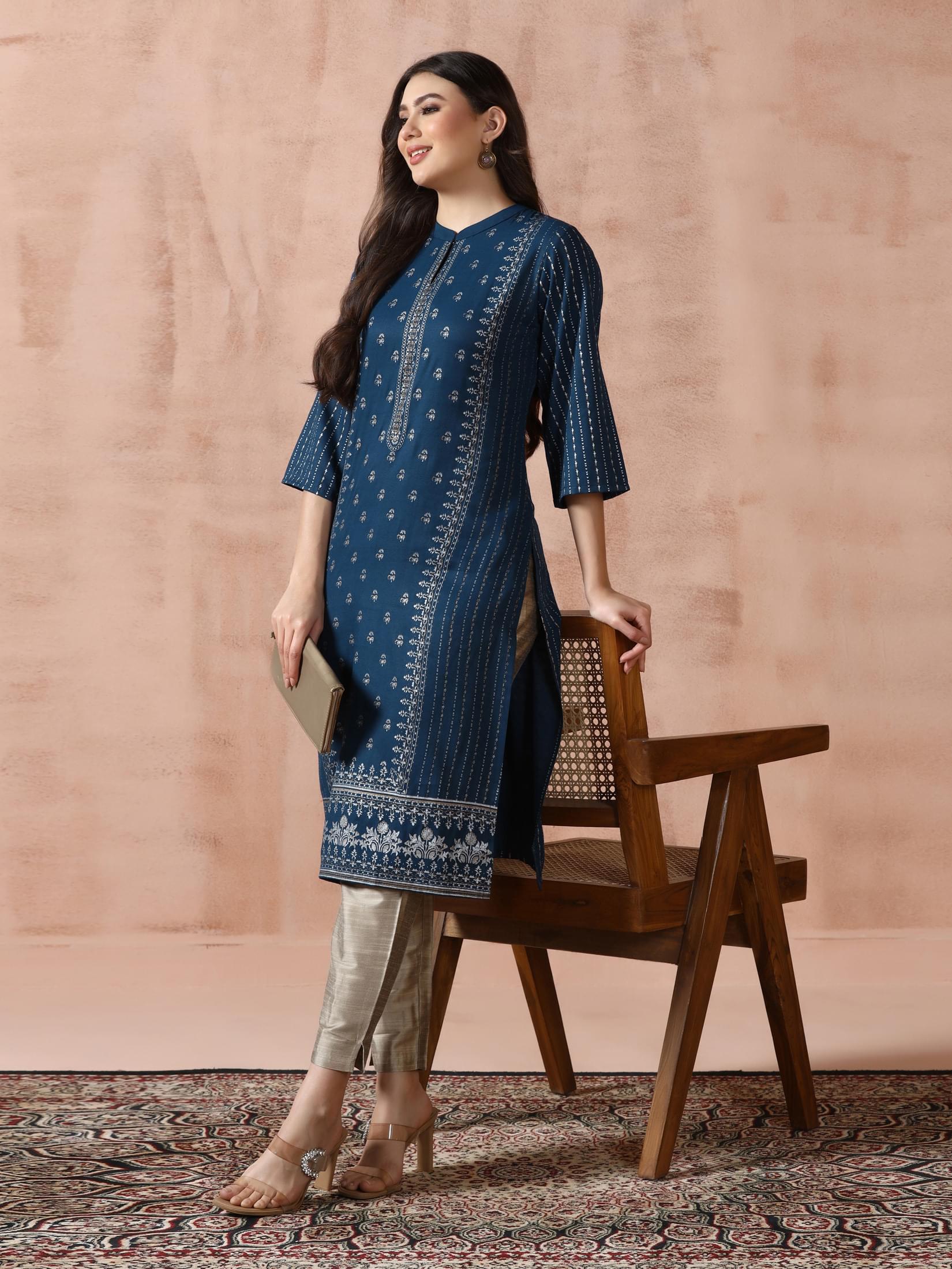 Indigo blue placement print Liva rayon soft fall long length kurta byshree