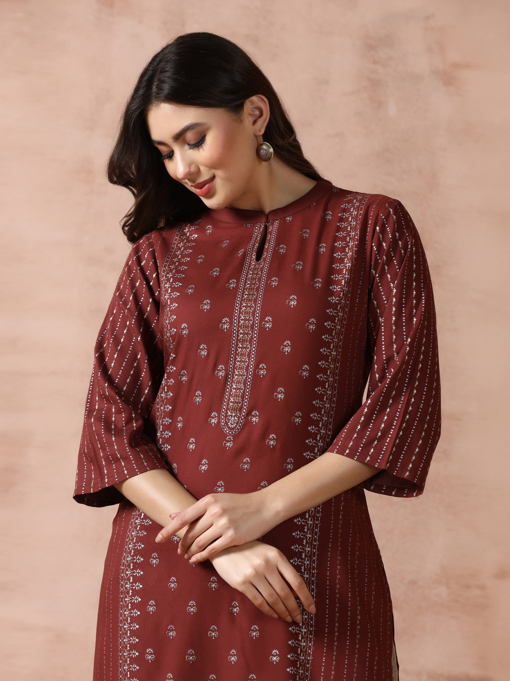 Women Liva Brown Placement Print Kurta