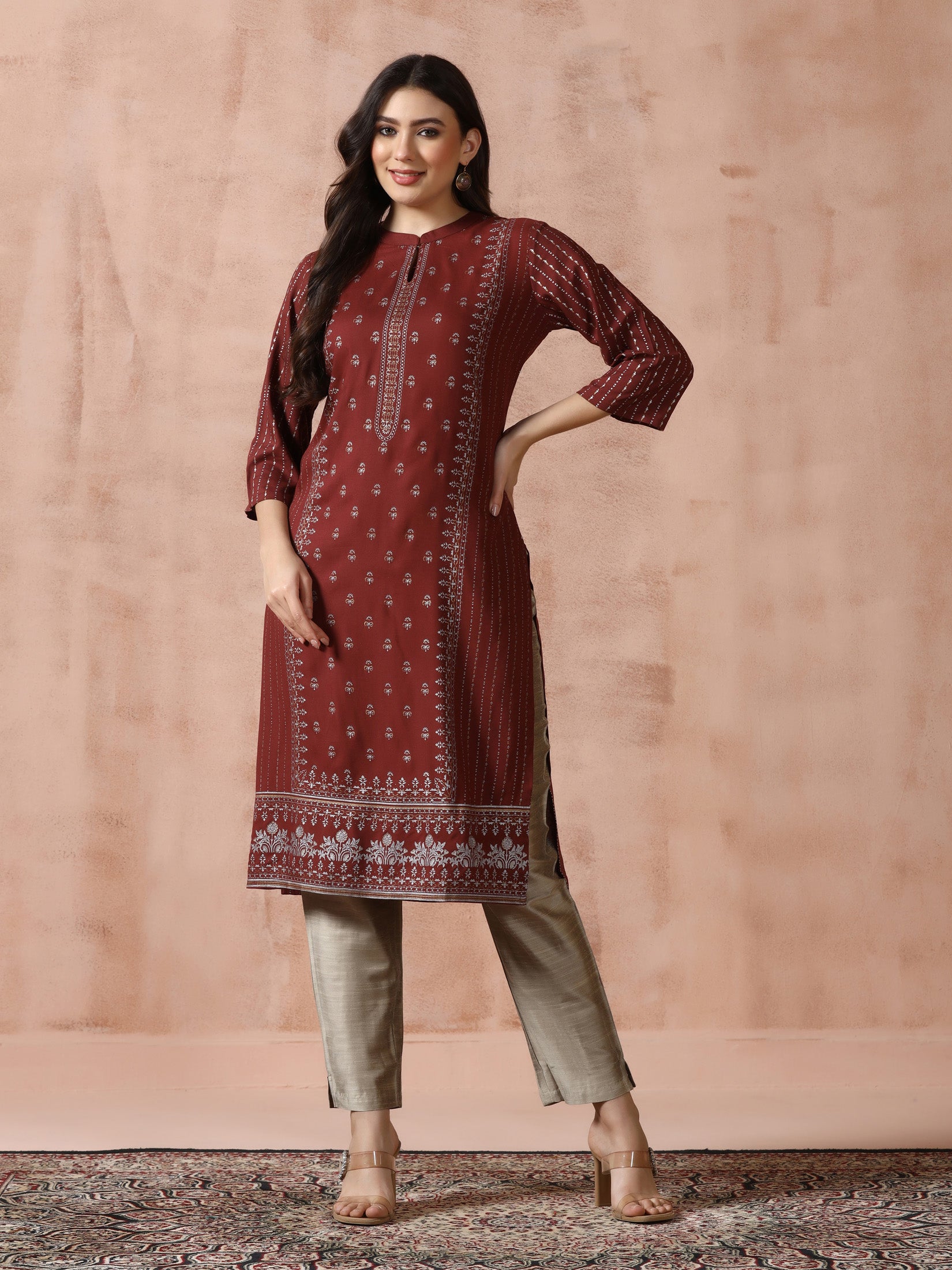 Women Liva Brown Placement Print Kurta