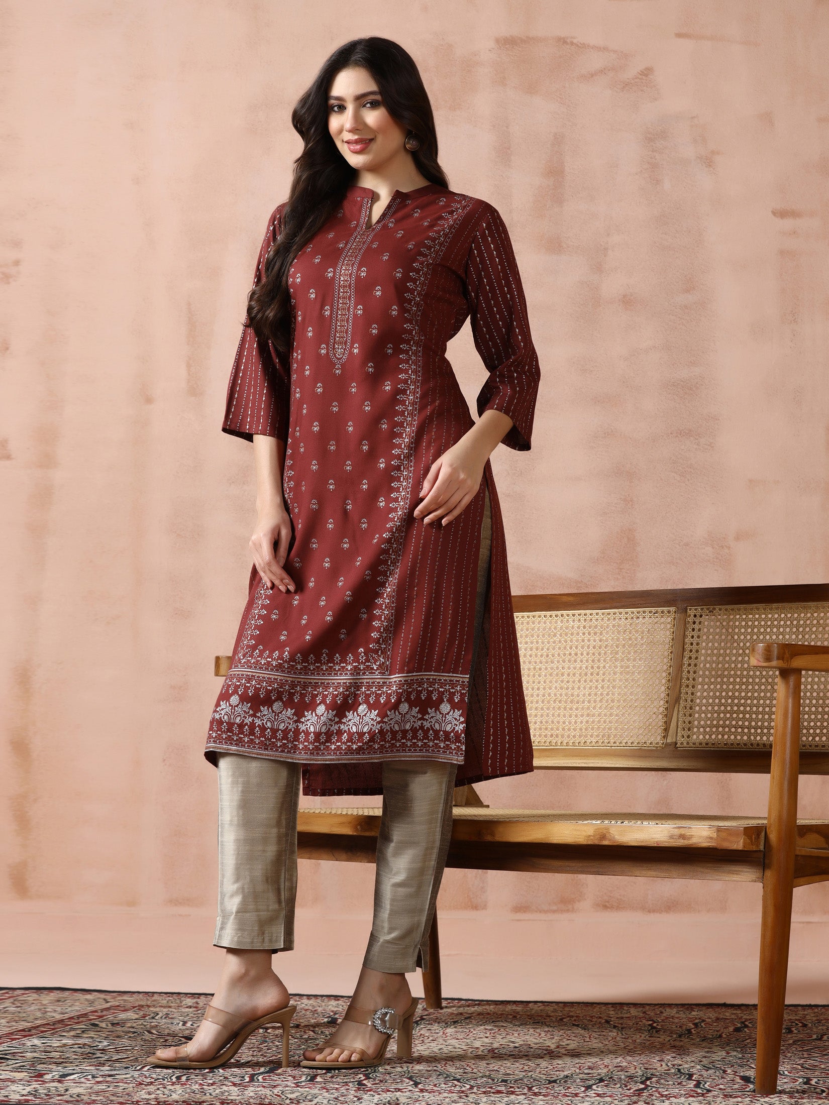 Women Liva Brown Placement Print Kurta