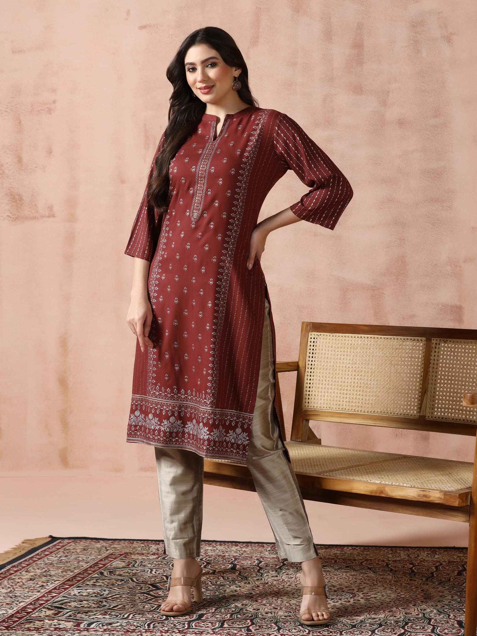 Warm brown transitional placement print Liva classic style single kurta