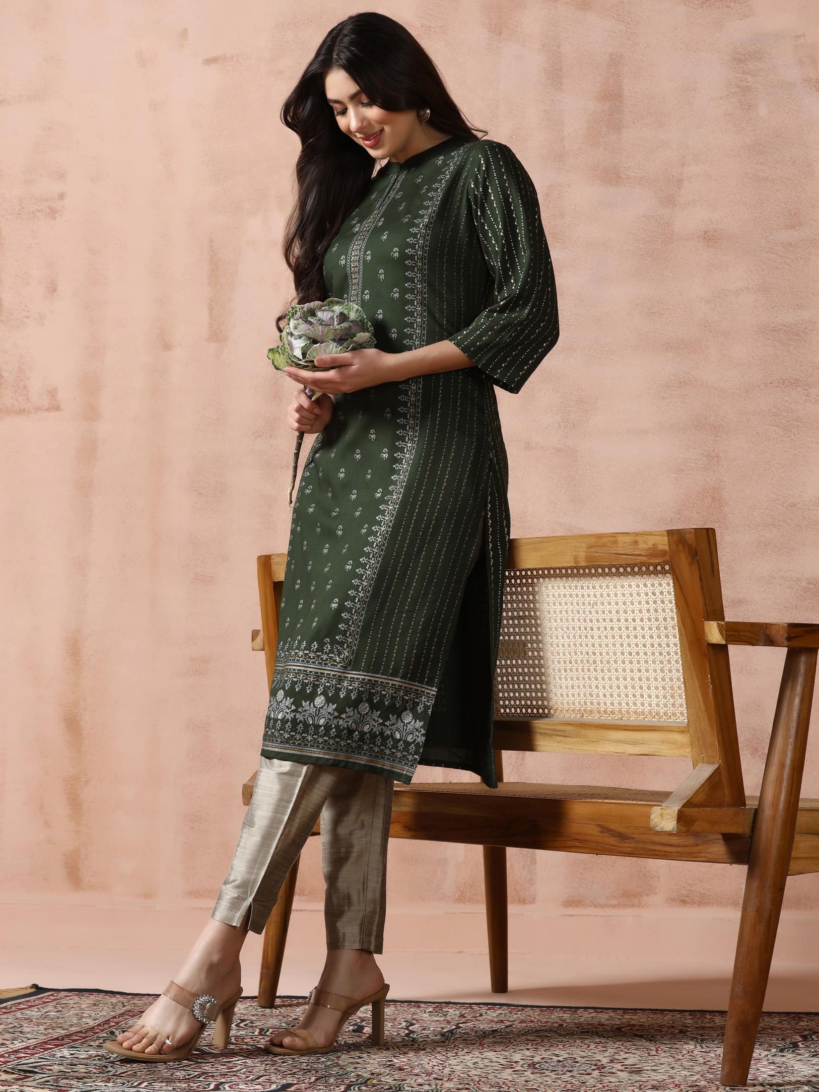 Forest green artistic placement print Liva standalone ethnic wear kurta