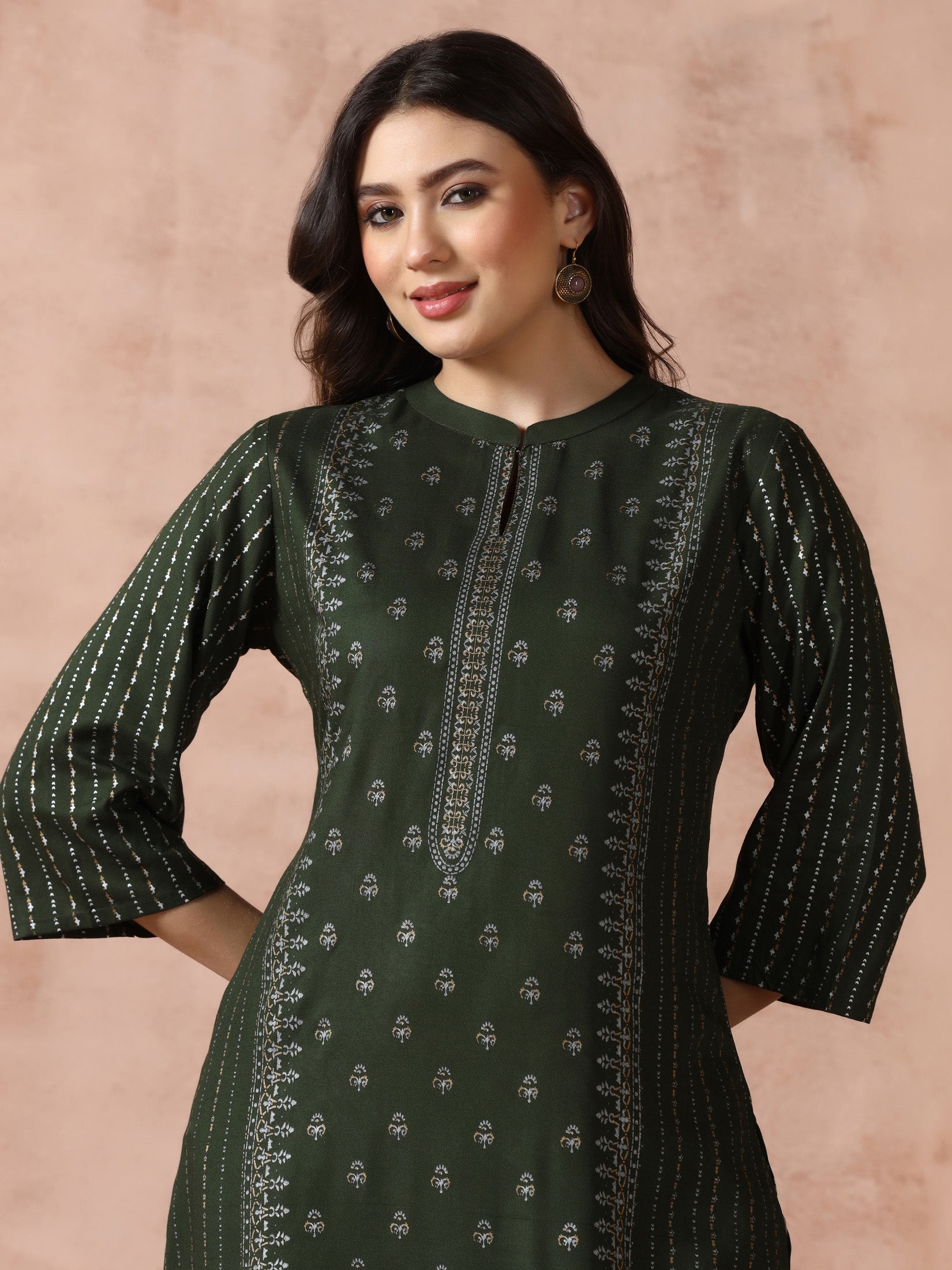 Women Liva Green Placement Print Kurta