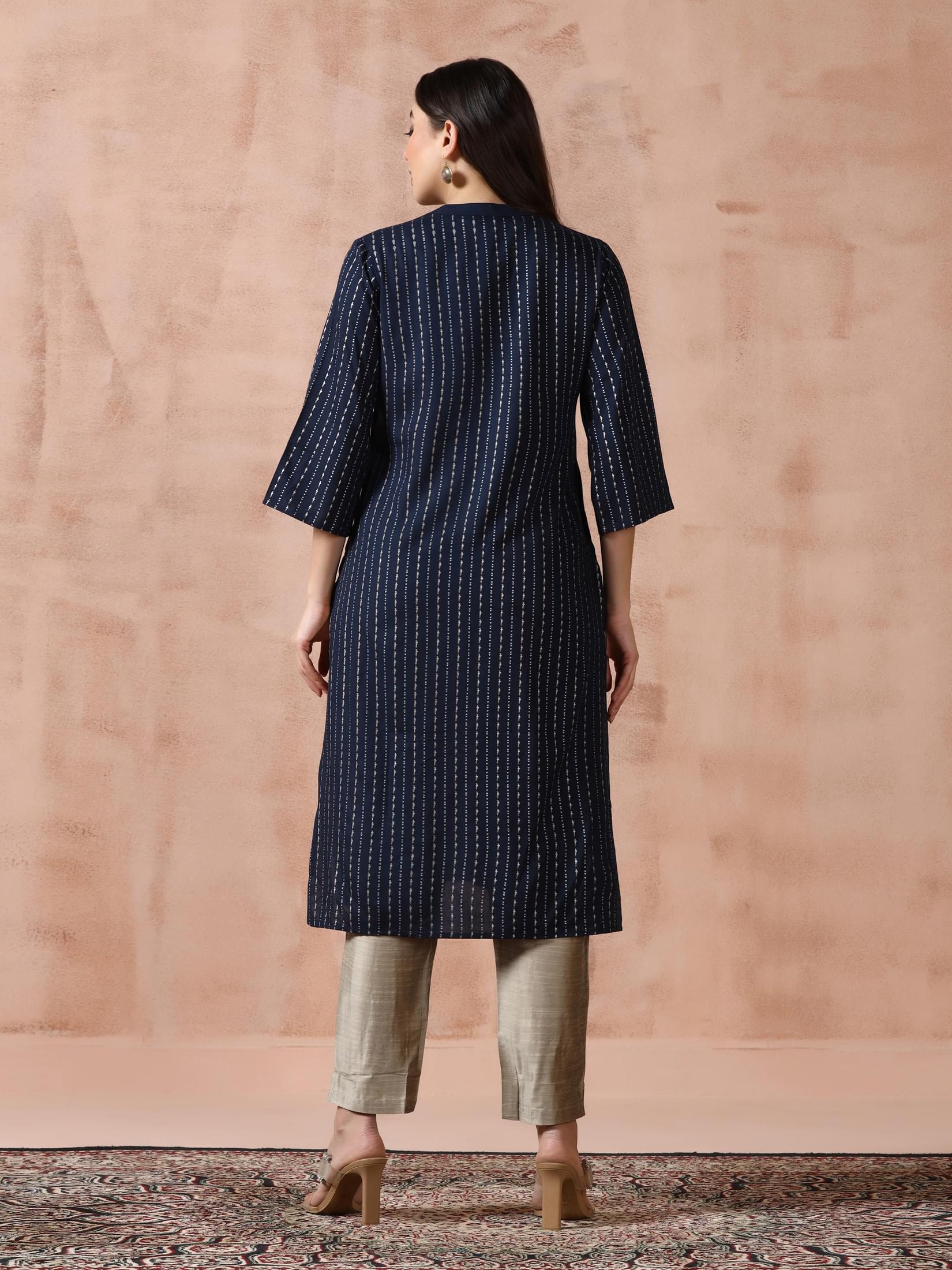 Women Liva Navy Blue Placement Print Kurta.