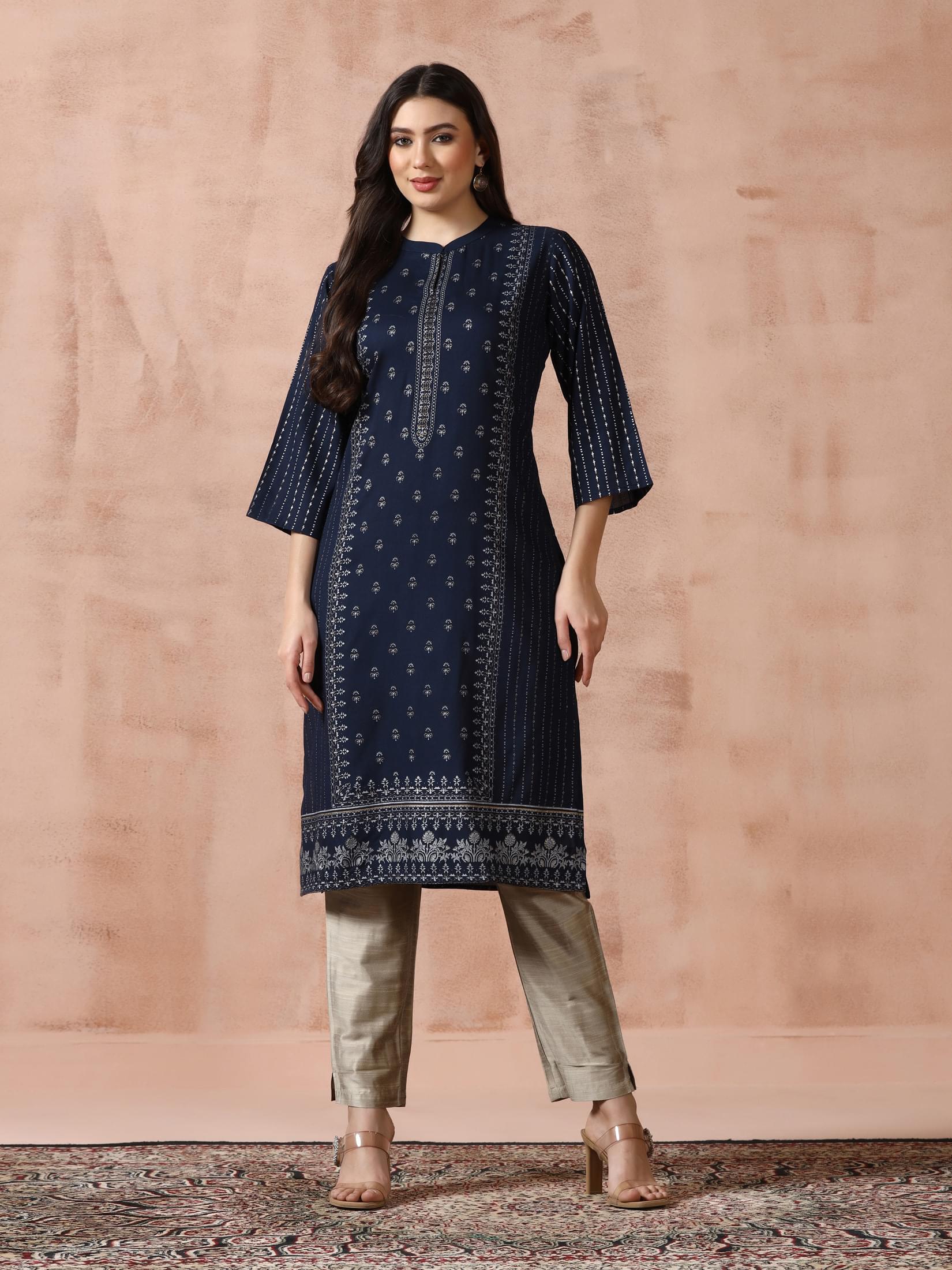 Women Liva Navy Blue Placement Print Kurta.