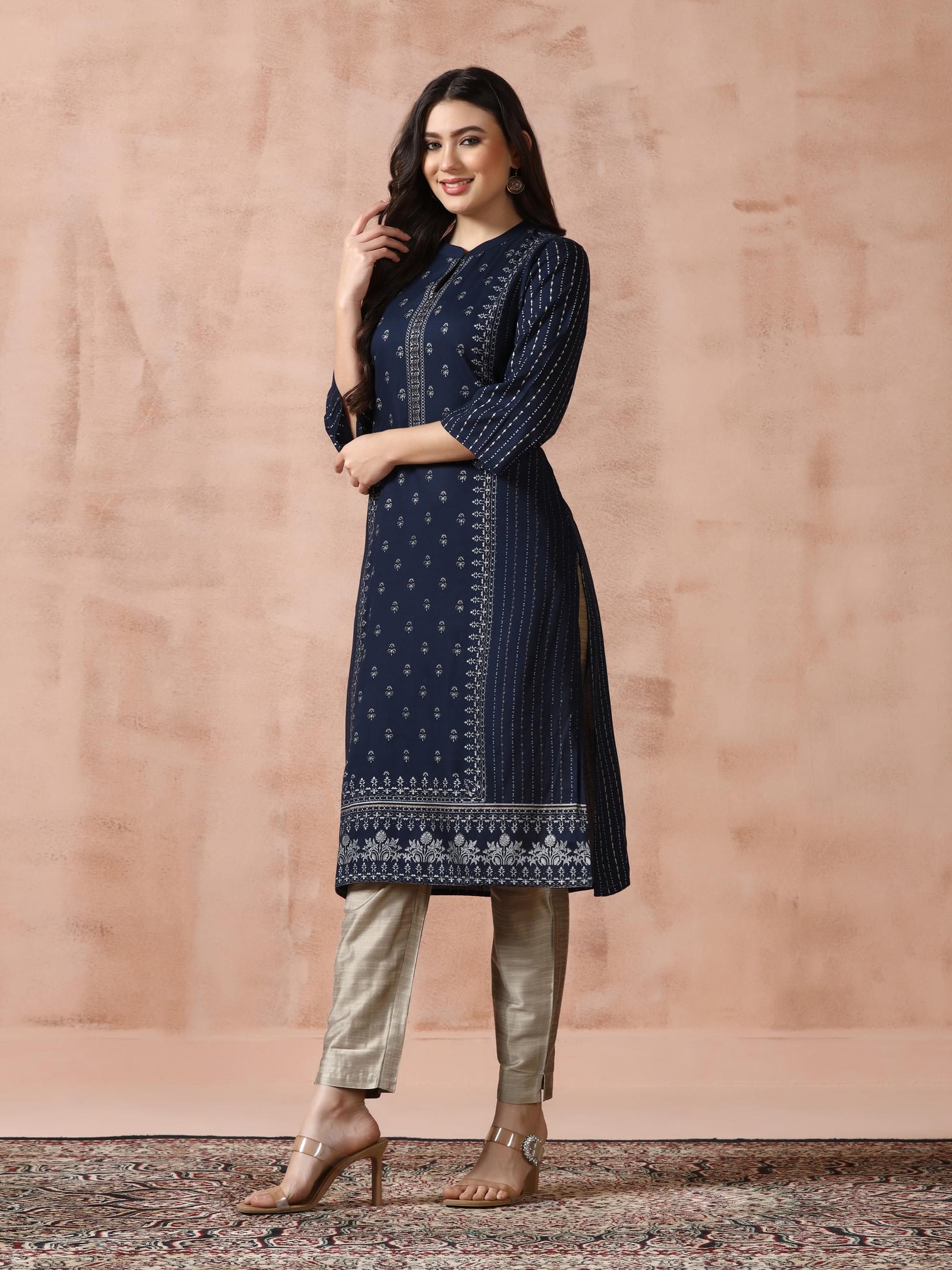 Women Liva Navy Blue Placement Print Kurta.